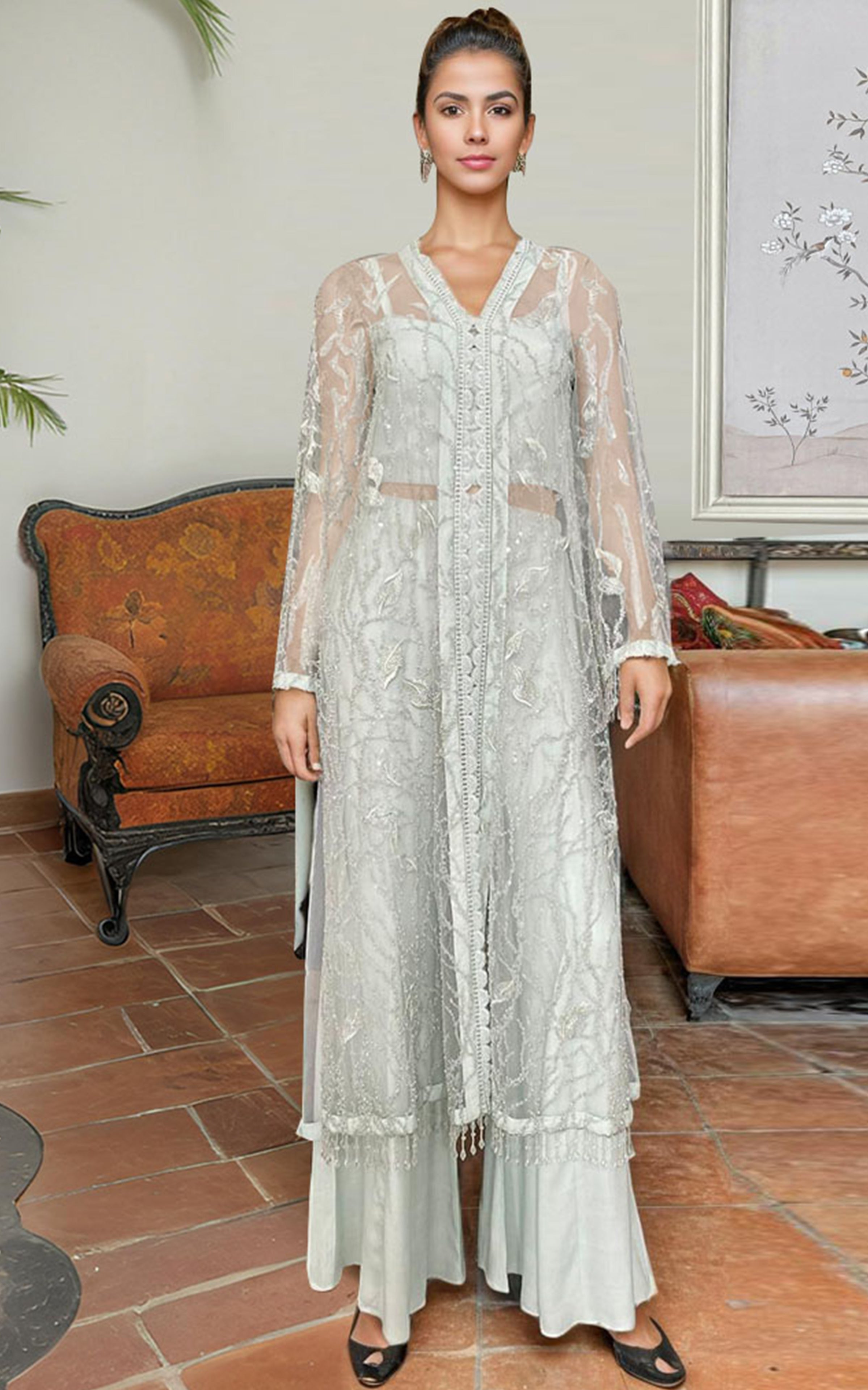 Pakistani Silver Embroidered Net Long Jacket with Trousers (2-Piece) - Image 1