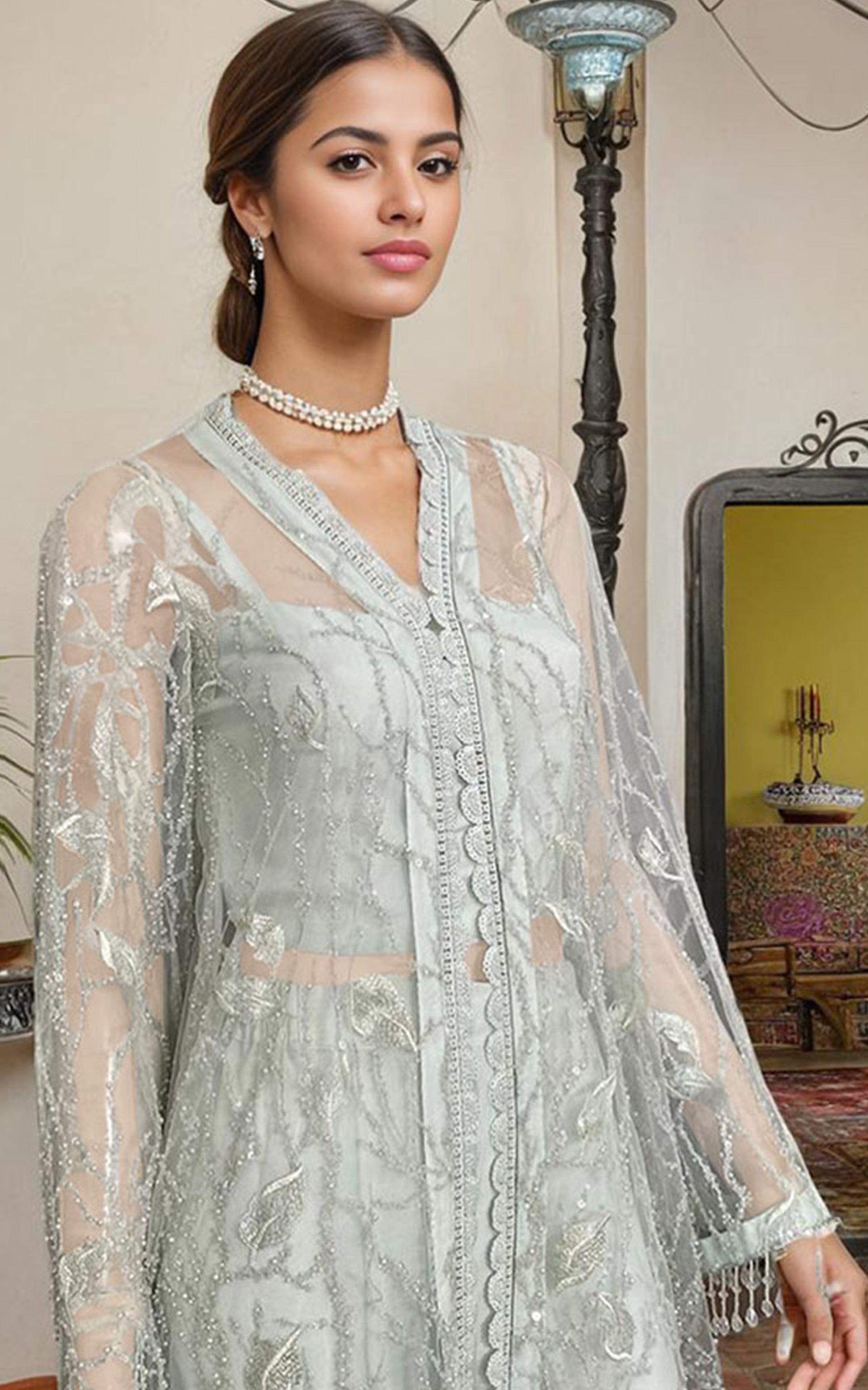 Pakistani Silver Embroidered Net Long Jacket with Trousers (2-Piece) - Image 2