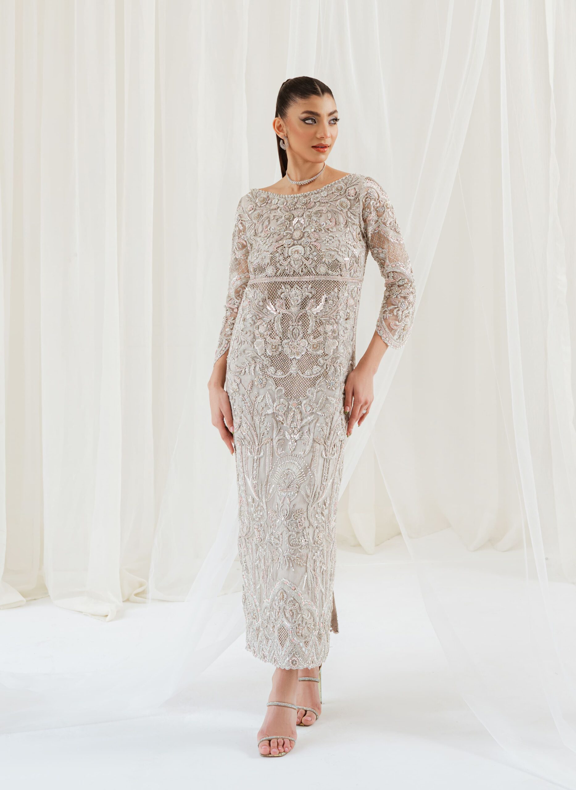 Silver Handworked Net Kameez with Trouser (2-Piece) - Image 1