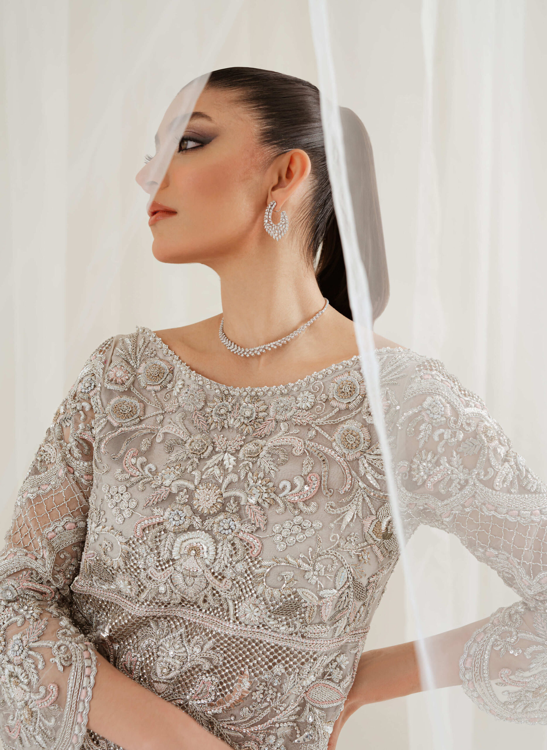 Silver Handworked Net Kameez with Trouser (2-Piece) - Image 2