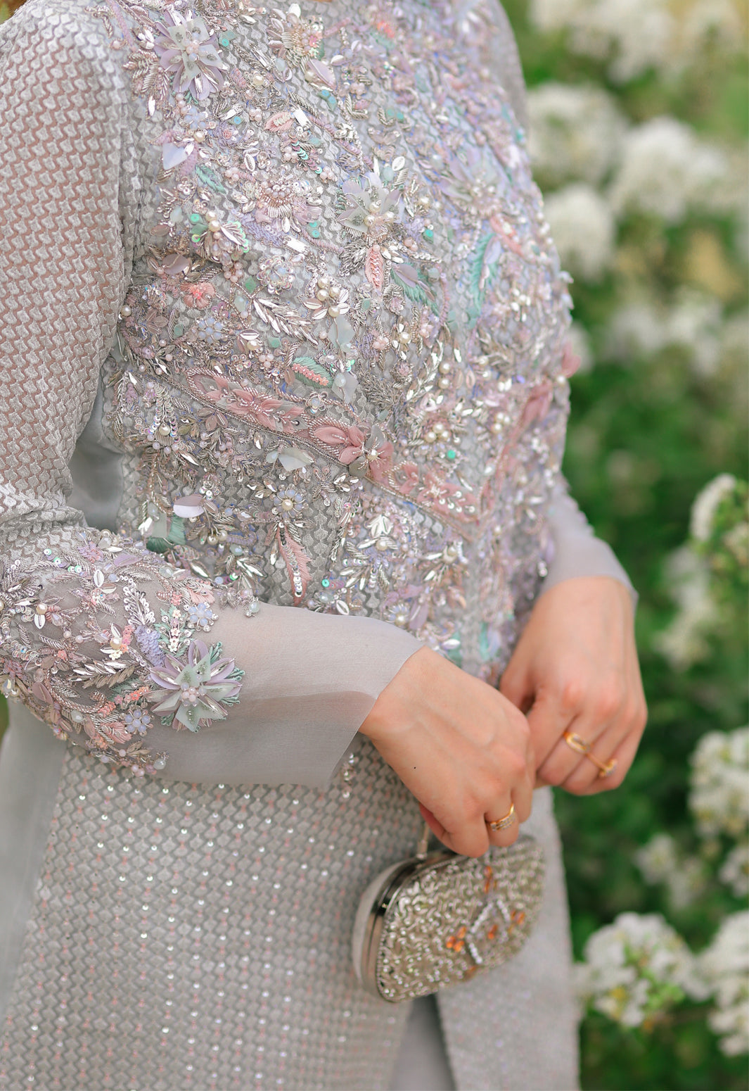 Pakistani Silver Hand-Embellished Kathan Organza Salwar Kameez (2-Piece) - Image 5