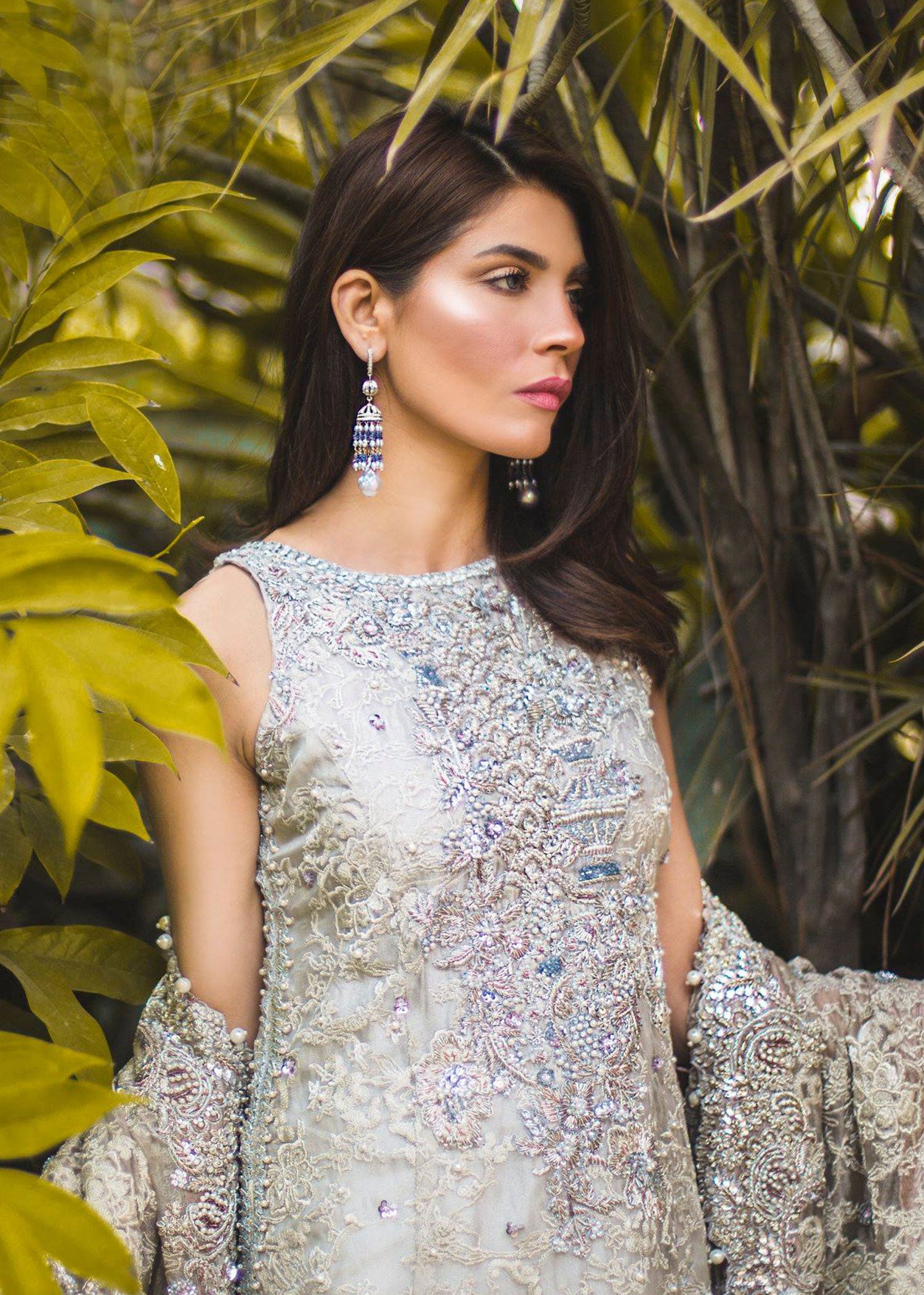 Pakistani Silver Embroidered Organza & Tissue Salwar Kameez (3-Piece) - Image 5