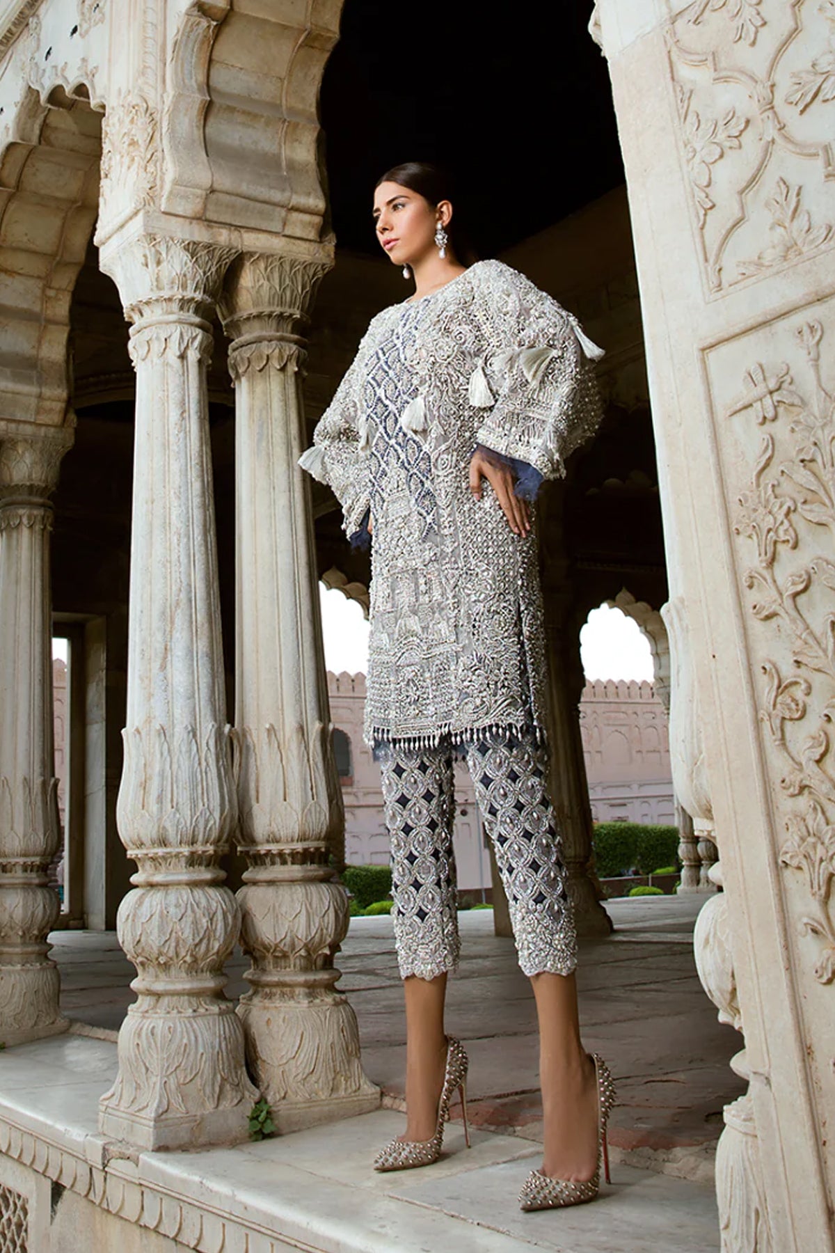Silver Grey Embellished Organza Salwar Kameez (2-Piece) - Image 1