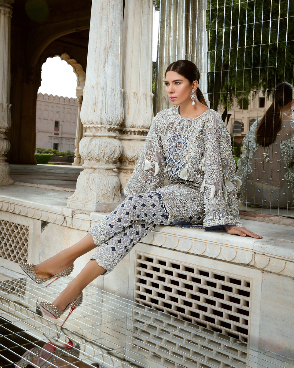 Silver Grey Embellished Organza Salwar Kameez (2-Piece) - Image 2
