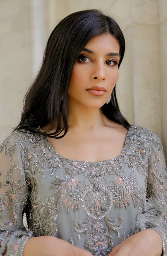 Pakistani Silver Embroidered Organza Salwar Kameez (2-Piece) - Image 1