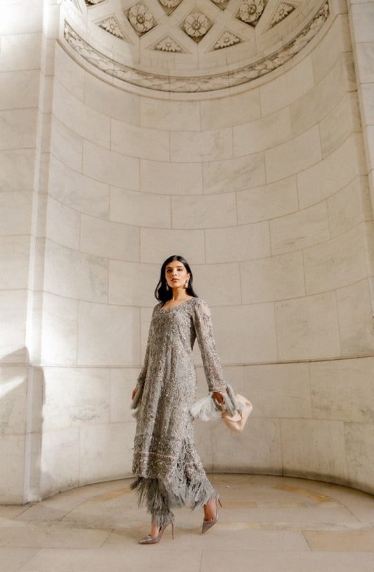 Pakistani Silver Embroidered Organza Salwar Kameez (2-Piece) - Image 4