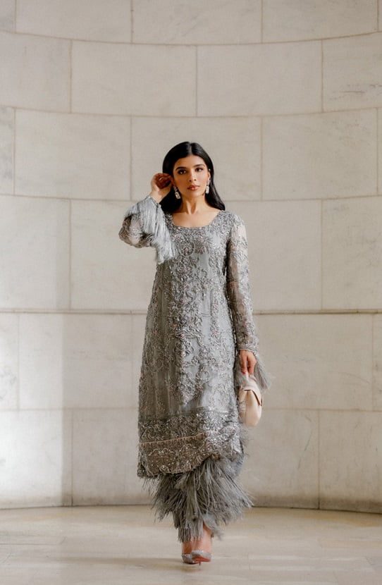 Pakistani Silver Embroidered Organza Salwar Kameez (2-Piece) - Image 5