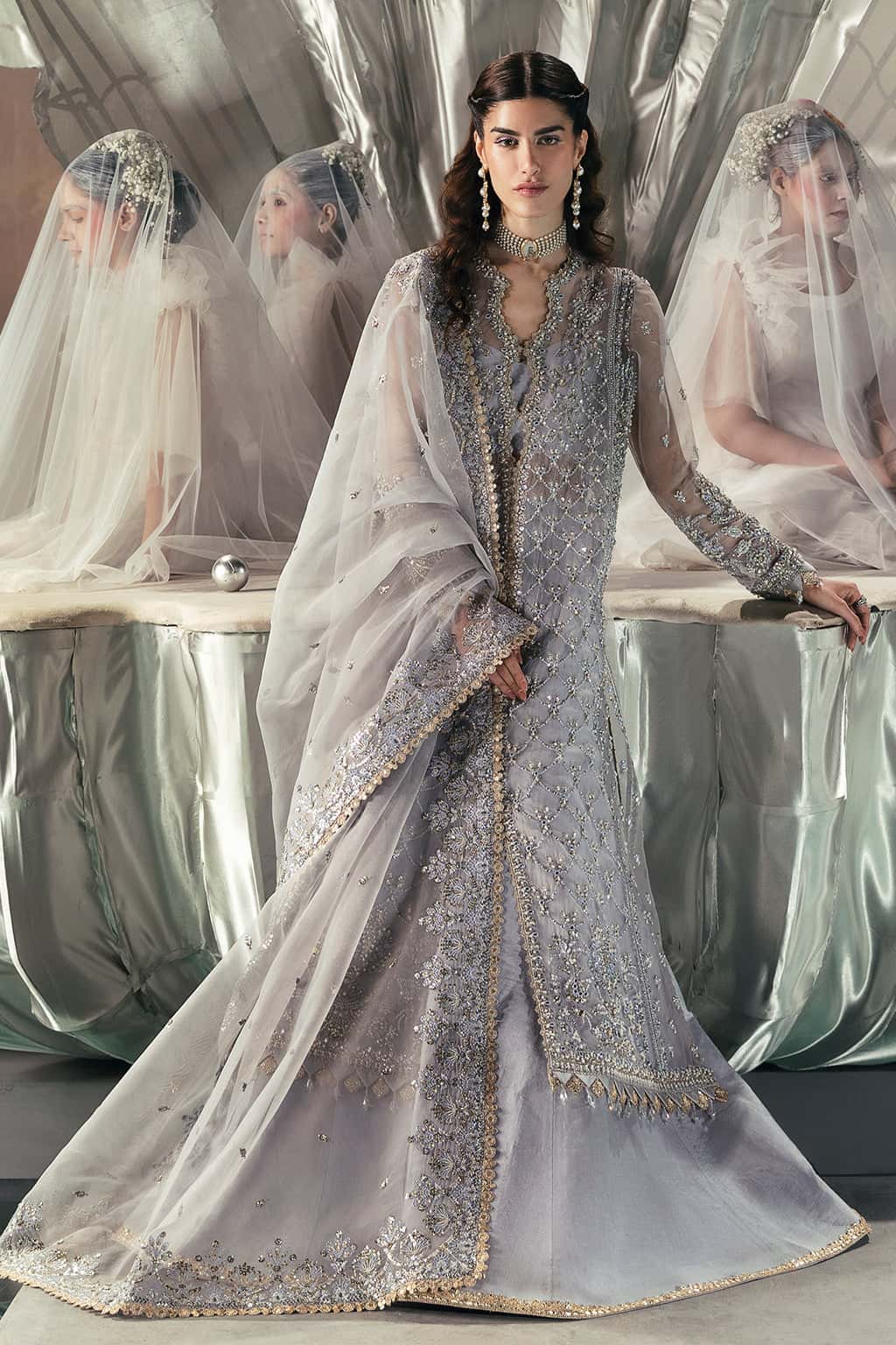 Pakistani Silver Grey Embroidered Organza Salwar Kameez (3-Piece) - Image 1