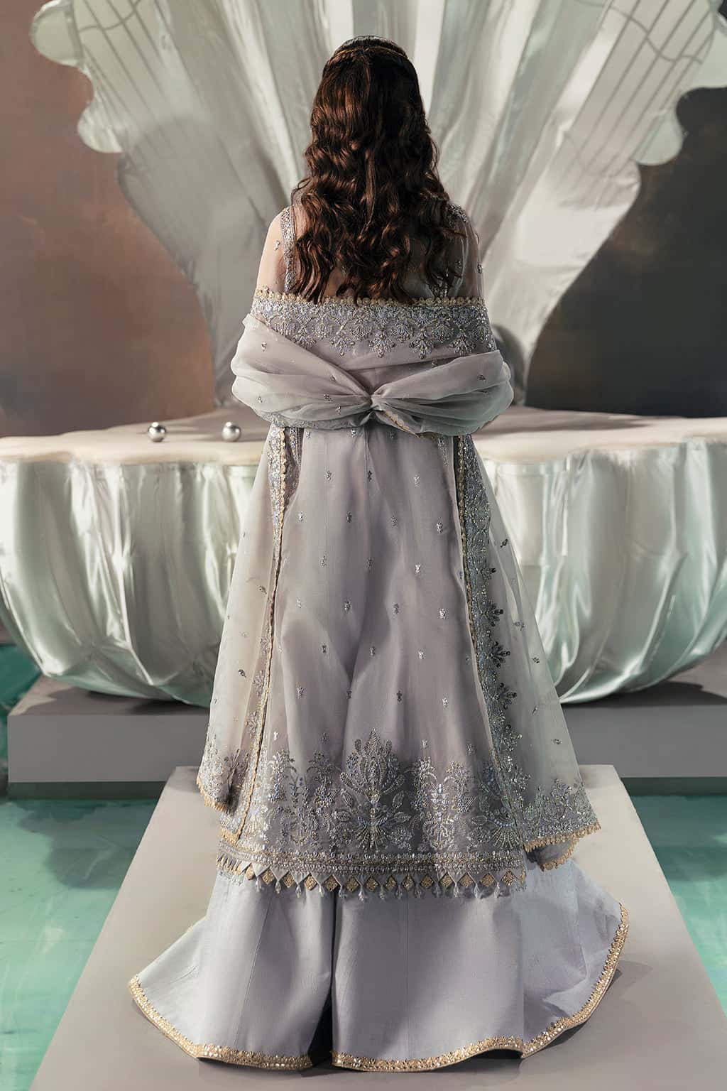 Pakistani Silver Grey Embroidered Organza Salwar Kameez (3-Piece) - Image 2