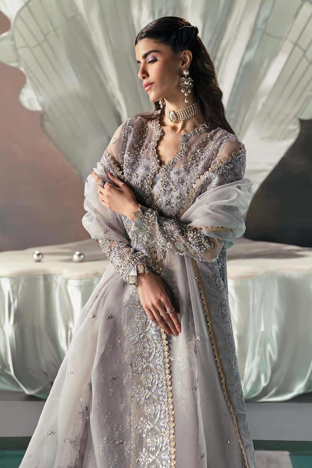 Pakistani Silver Grey Embroidered Organza Salwar Kameez (3-Piece) - Image 4