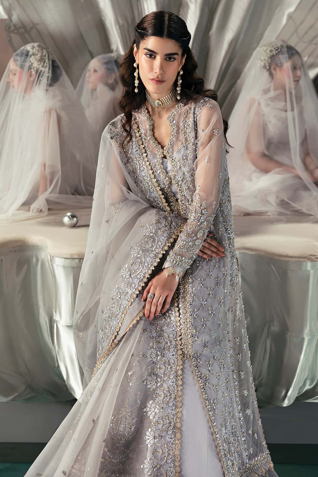 Pakistani Silver Grey Embroidered Organza Salwar Kameez (3-Piece) - Image 5