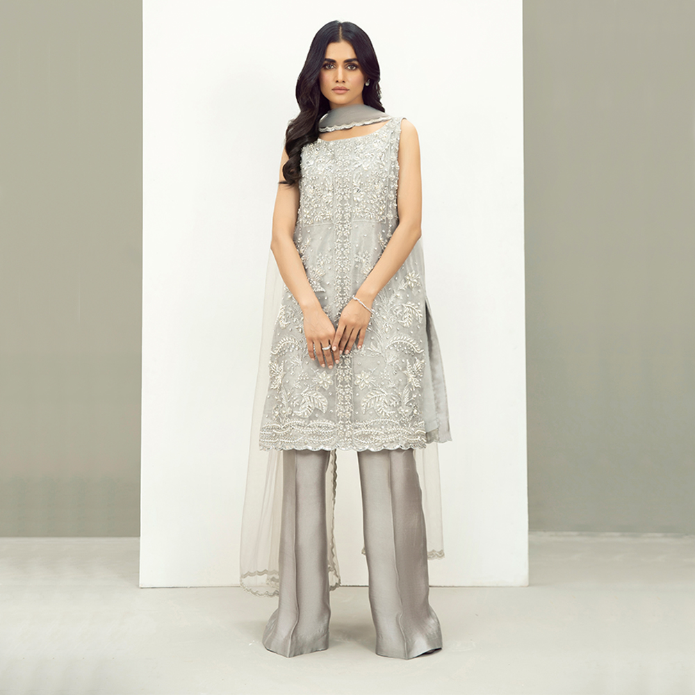 Silver Embellished Organza & Tissue Salwar Kameez (3-Piece) - Image 1
