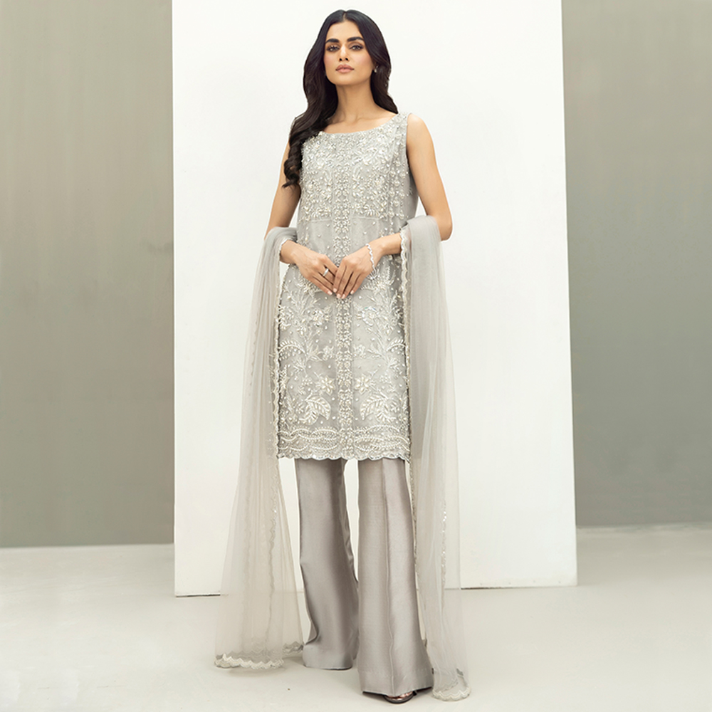 Silver Embellished Organza & Tissue Salwar Kameez (3-Piece) - Image 2