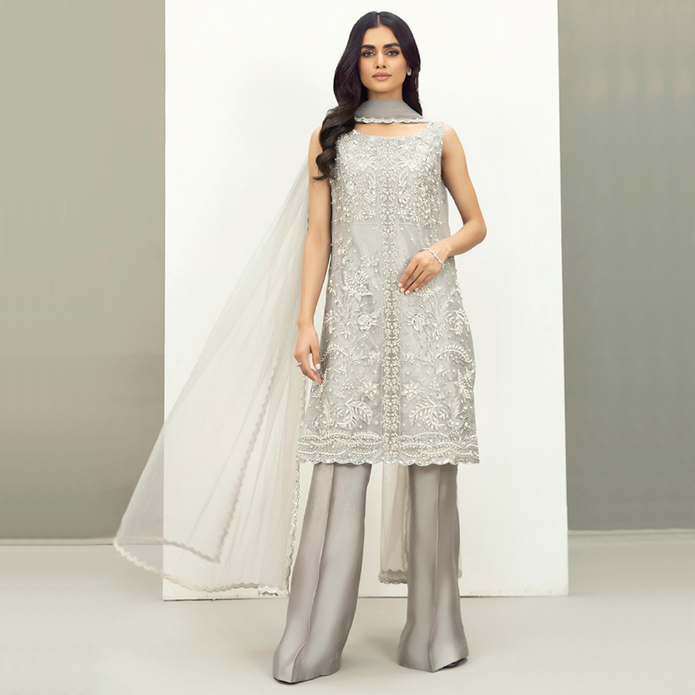 Silver Embellished Organza & Tissue Salwar Kameez (3-Piece) - Image 3