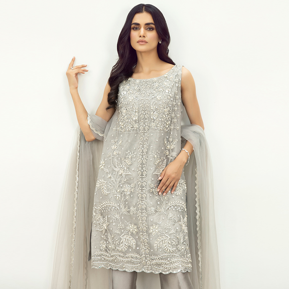 Silver Embellished Organza & Tissue Salwar Kameez (3-Piece) - Image 4