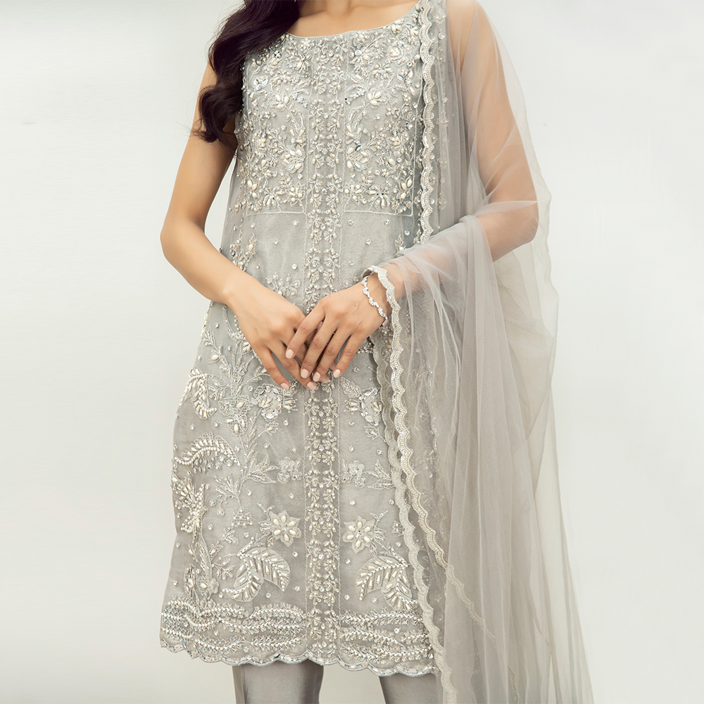 Silver Embellished Organza & Tissue Salwar Kameez (3-Piece) - Image 7
