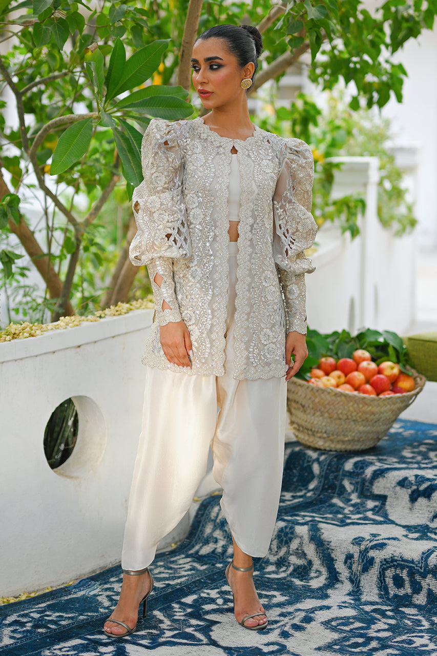 Pakistani Silver Zardozi Organza Jacket with Raw Silk Shalwar (2-Piece) - Image 1
