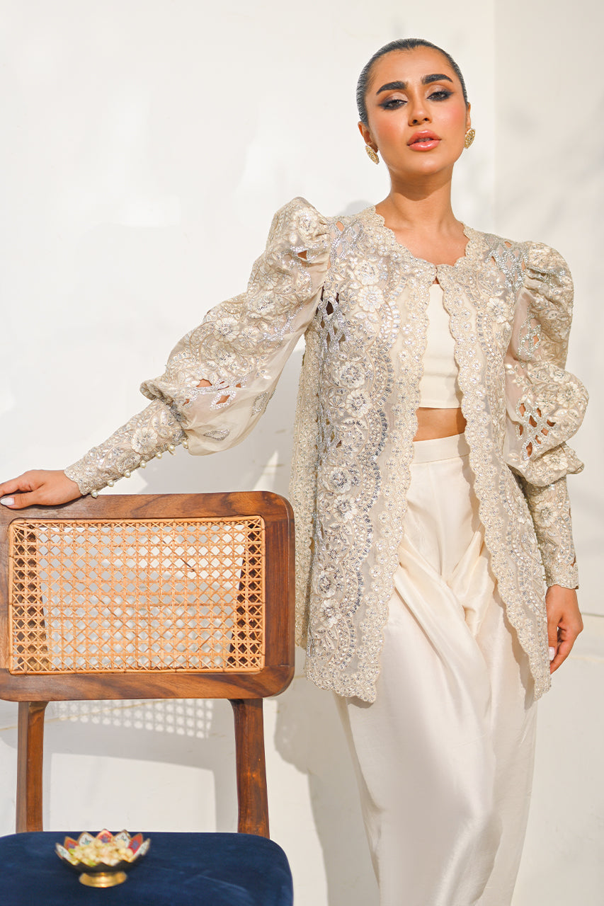 Pakistani Silver Zardozi Organza Jacket with Raw Silk Shalwar (2-Piece) - Image 2