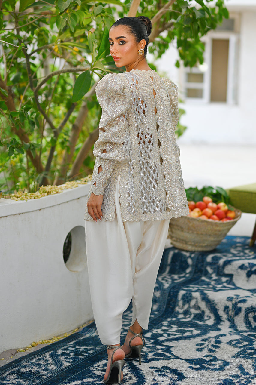 Pakistani Silver Zardozi Organza Jacket with Raw Silk Shalwar (2-Piece) - Image 3