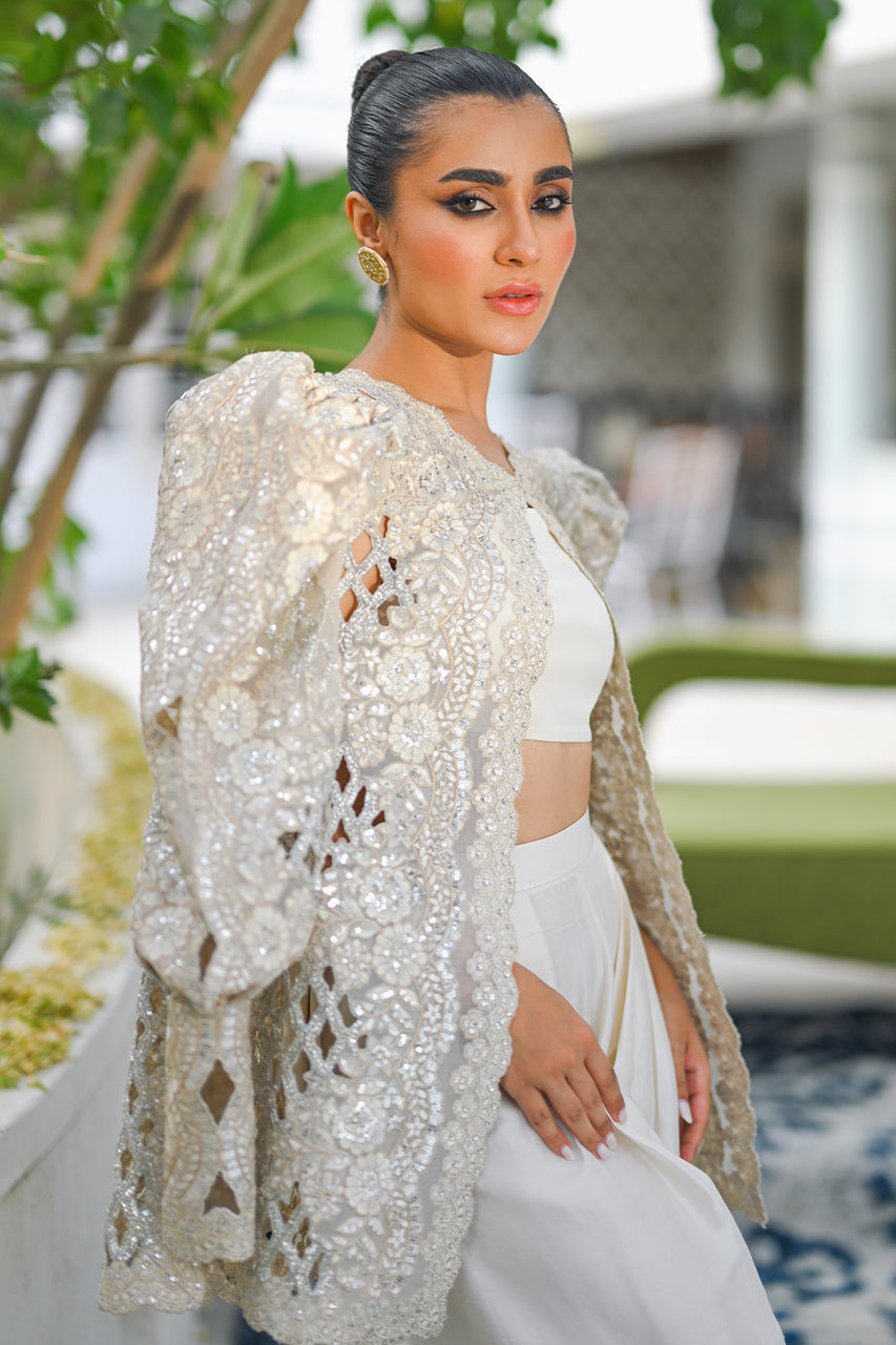 Pakistani Silver Zardozi Organza Jacket with Raw Silk Shalwar (2-Piece) - Image 5