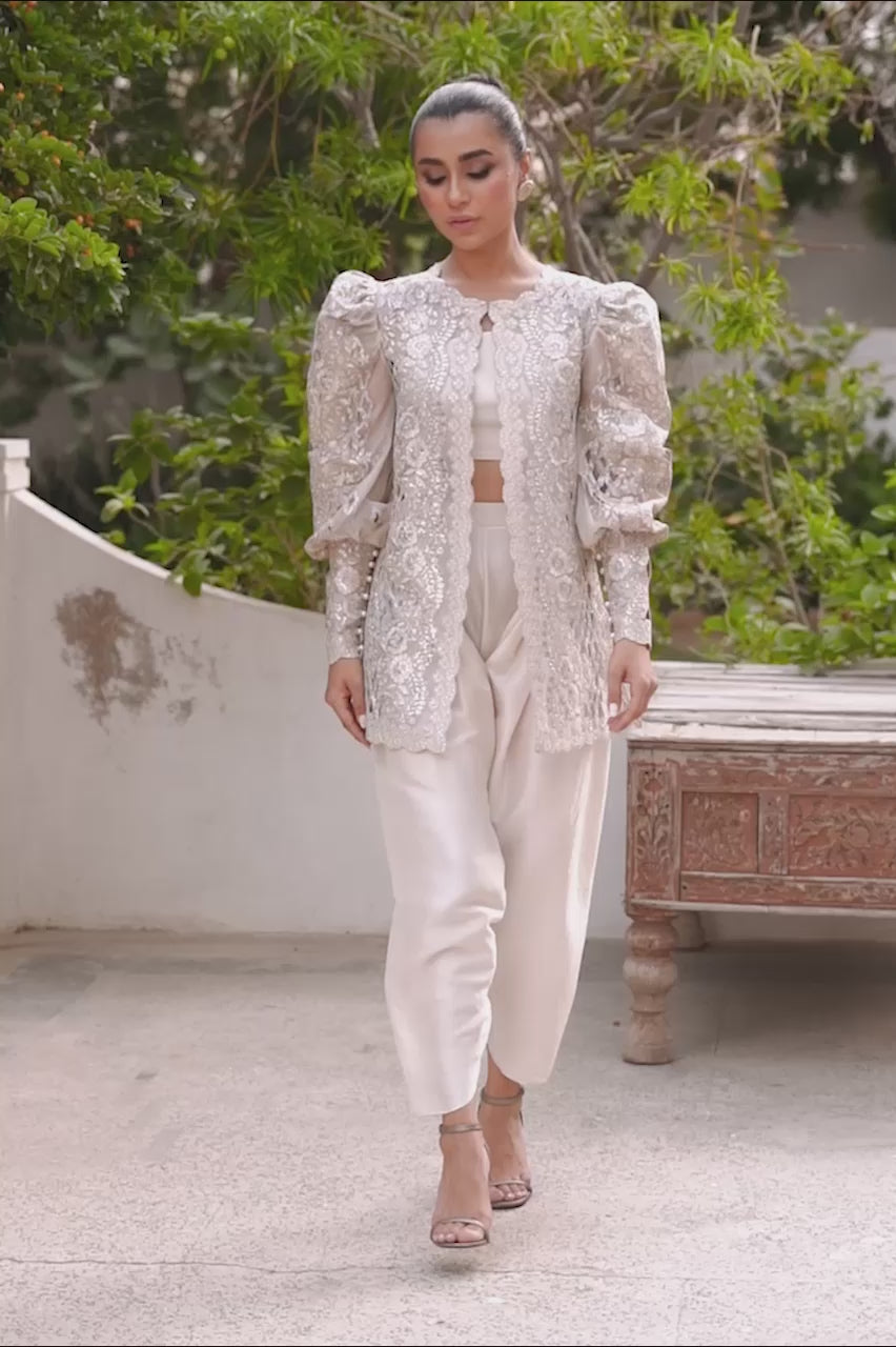 Pakistani Silver Zardozi Organza Jacket with Raw Silk Shalwar (2-Piece) - Image 6