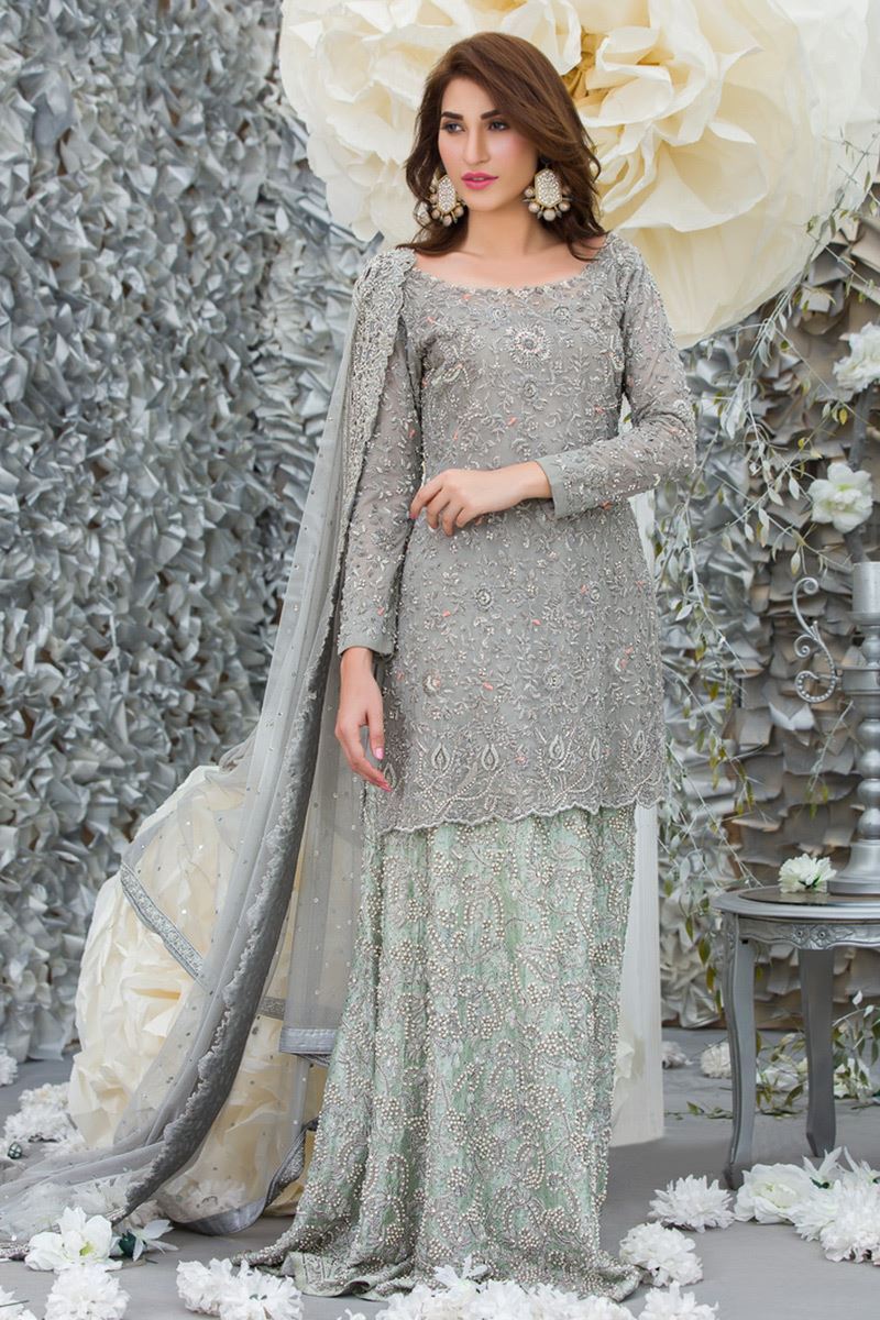 Silver-Grey Zari Zardozi Bridal Salwar Kameez (3-Piece) - Image 1
