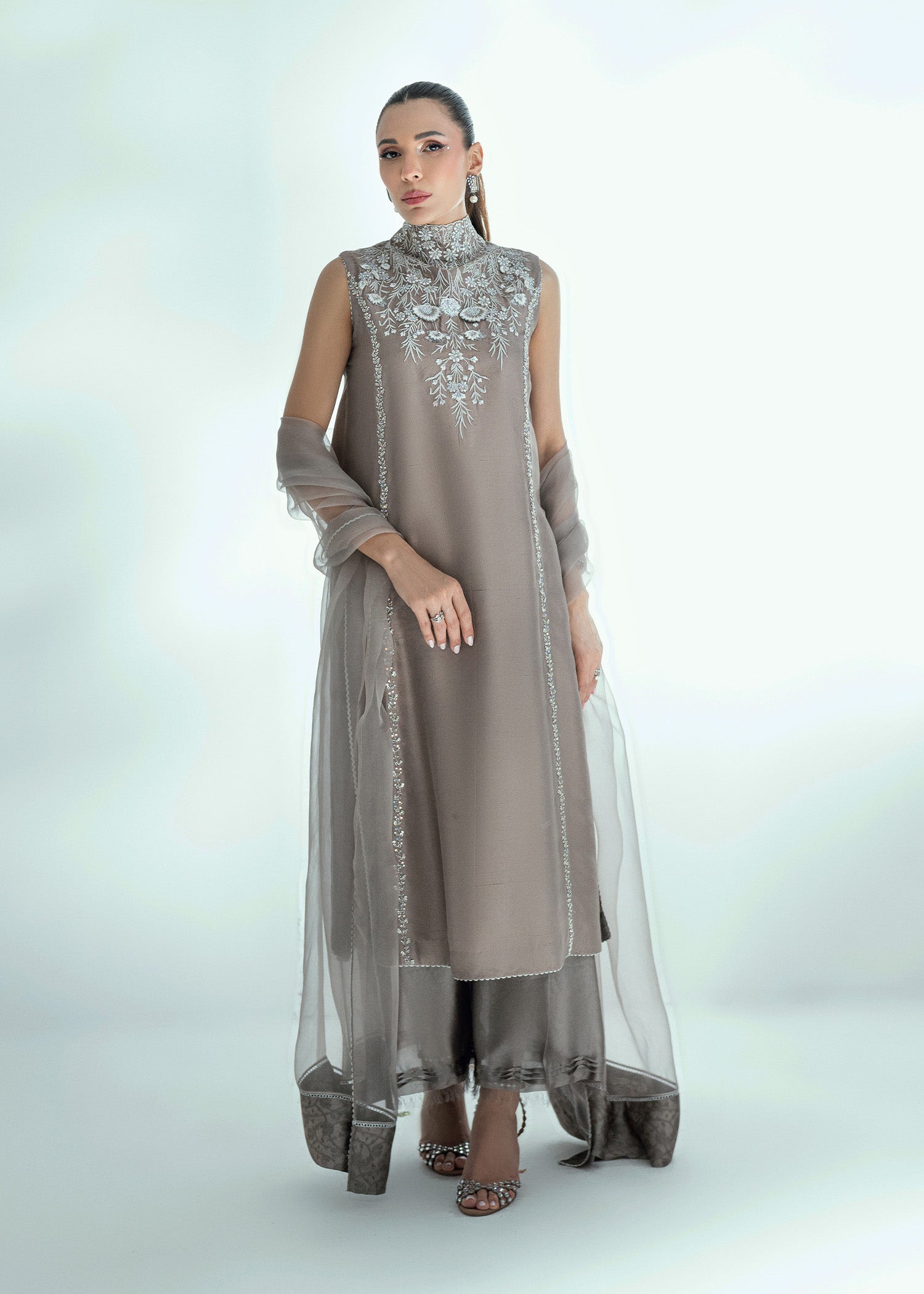 Pakistani Silver Grey Embroidered Raw Silk Salwar Kameez (3-Piece) - Image 1