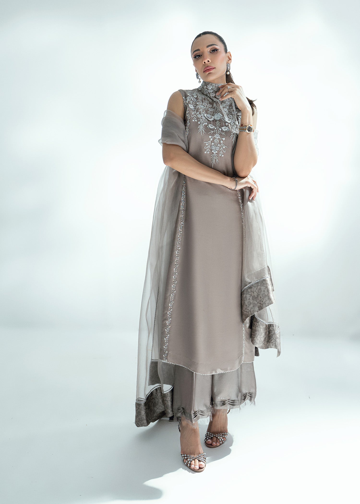 Pakistani Silver Grey Embroidered Raw Silk Salwar Kameez (3-Piece) - Image 10
