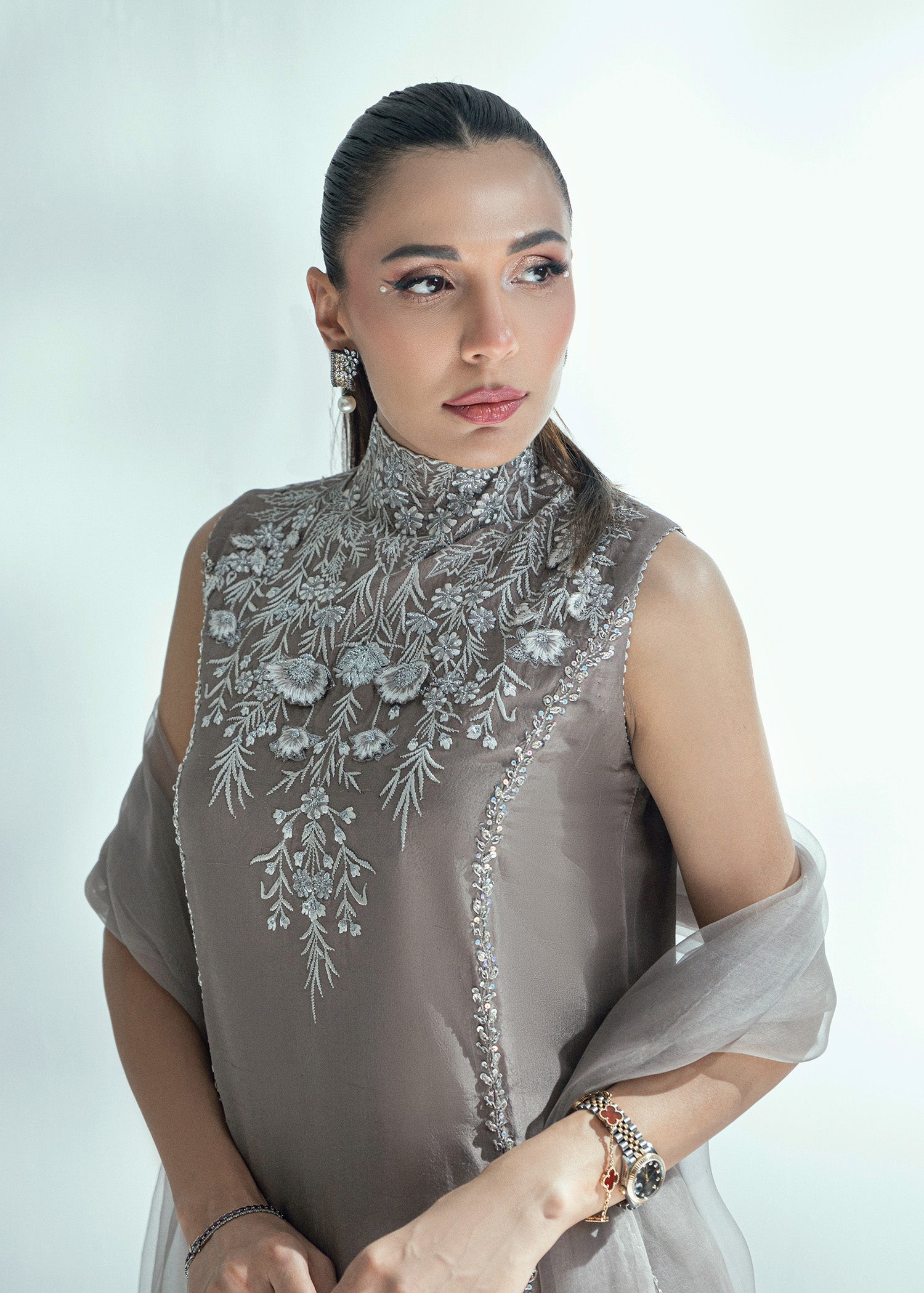 Pakistani Silver Grey Embroidered Raw Silk Salwar Kameez (3-Piece) - Image 11