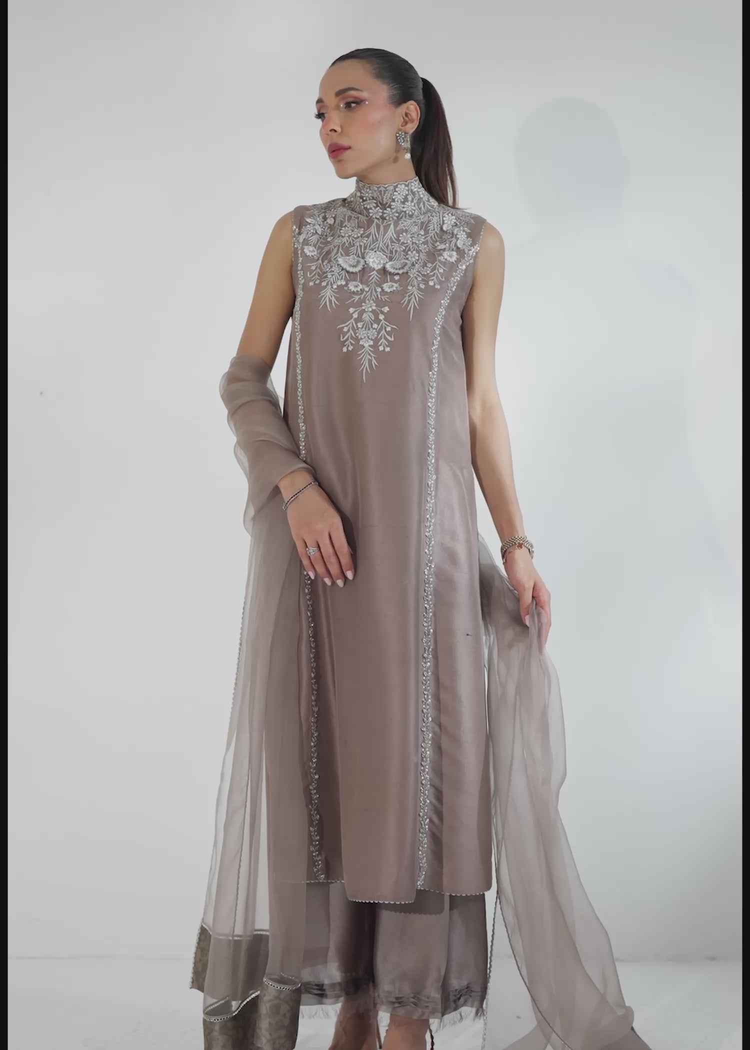 Pakistani Silver Grey Embroidered Raw Silk Salwar Kameez (3-Piece) - Image 13