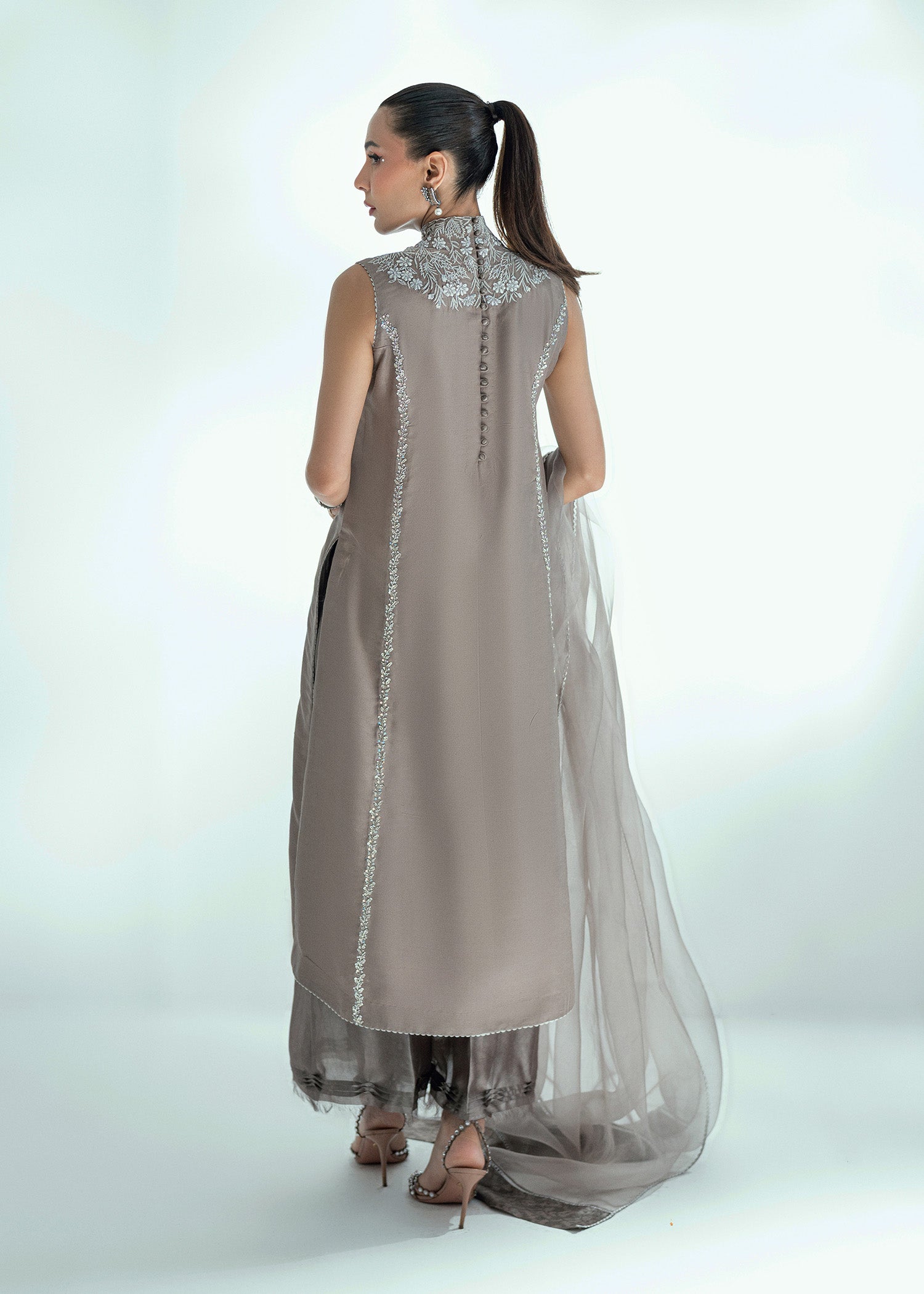 Pakistani Silver Grey Embroidered Raw Silk Salwar Kameez (3-Piece) - Image 2
