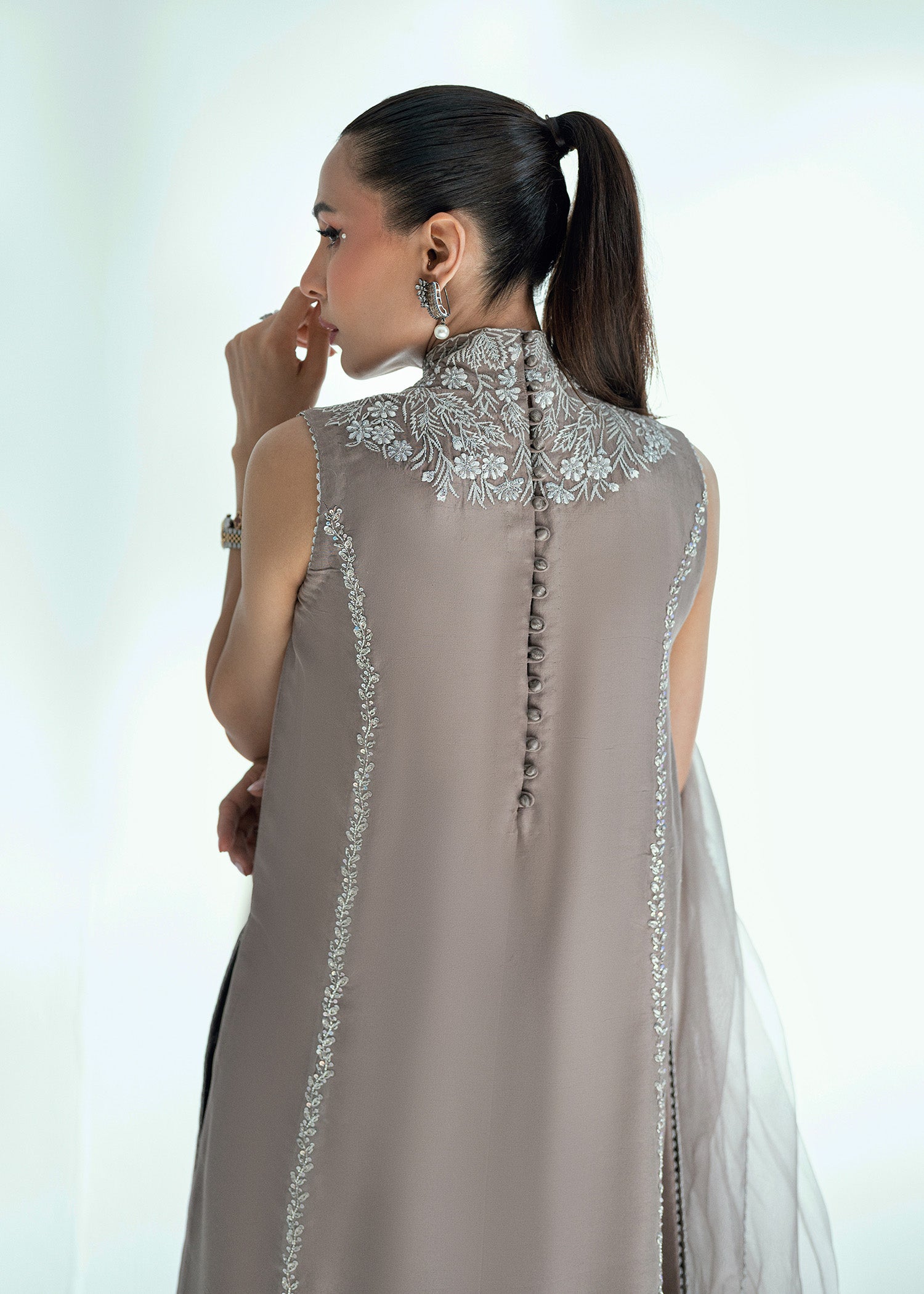 Pakistani Silver Grey Embroidered Raw Silk Salwar Kameez (3-Piece) - Image 3