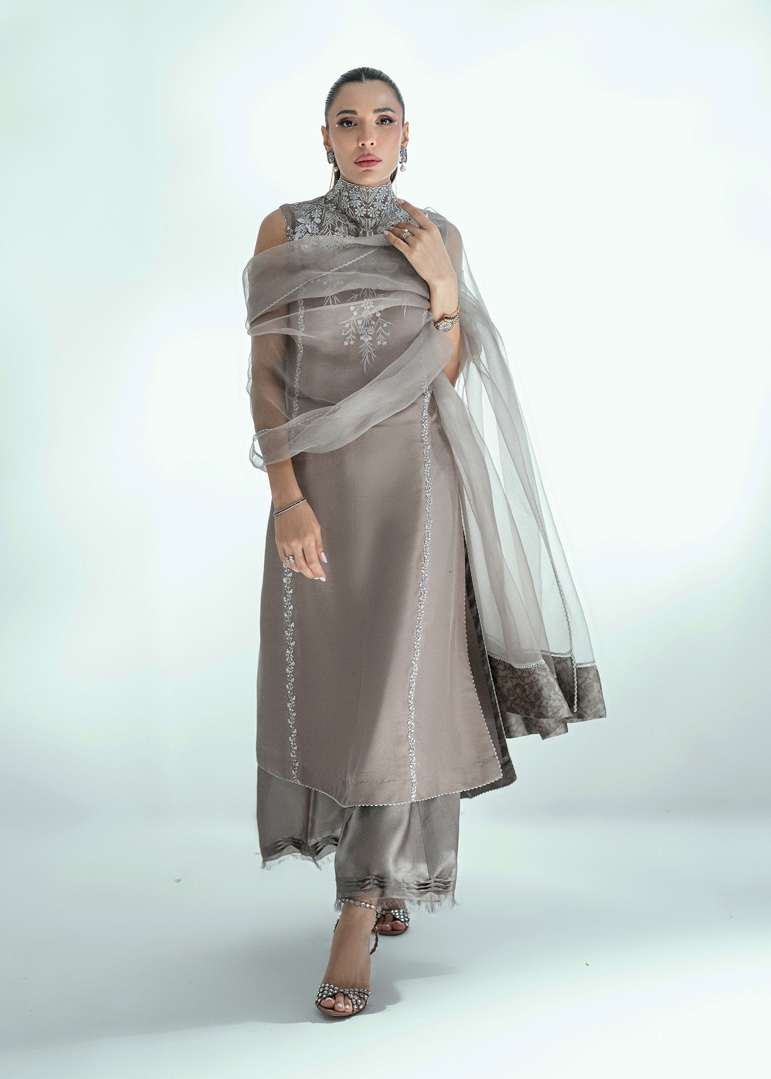 Pakistani Silver Grey Embroidered Raw Silk Salwar Kameez (3-Piece) - Image 5