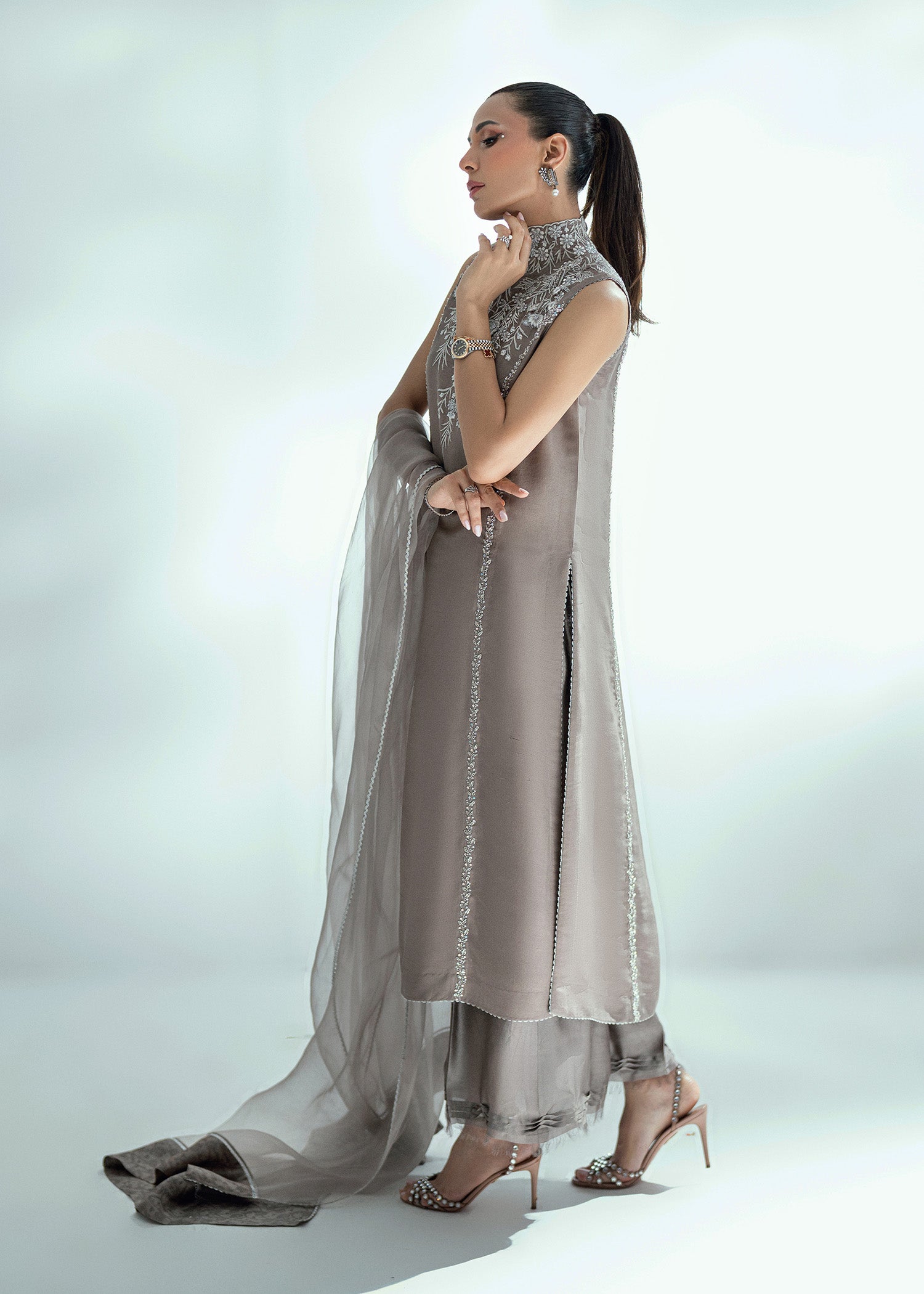 Pakistani Silver Grey Embroidered Raw Silk Salwar Kameez (3-Piece) - Image 6