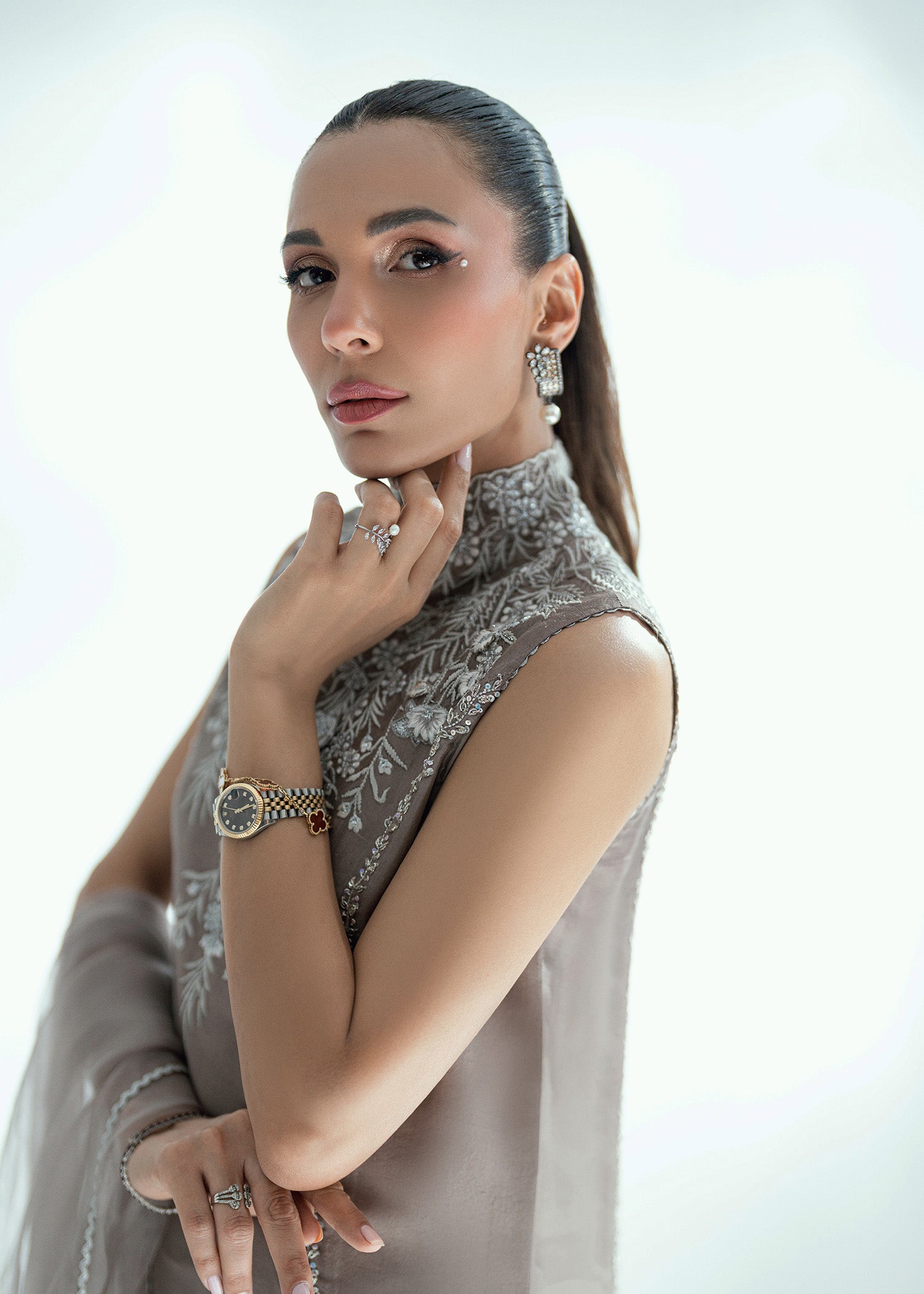 Pakistani Silver Grey Embroidered Raw Silk Salwar Kameez (3-Piece) - Image 8