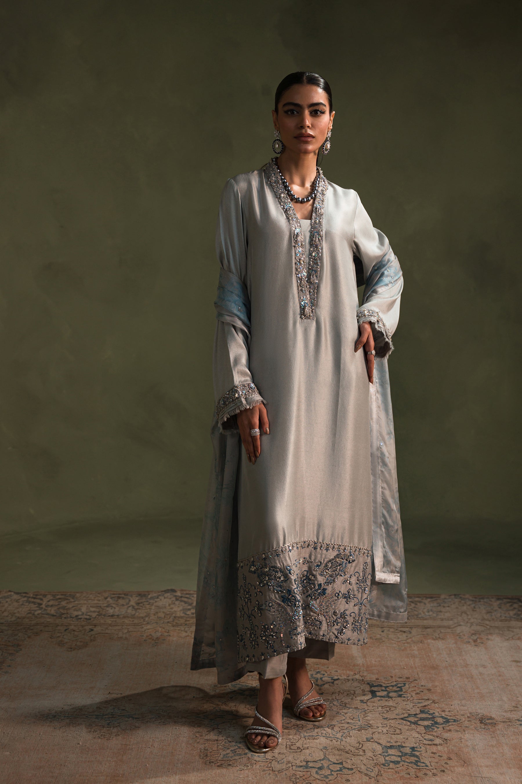 Silver Grey Embellished Blended Raw Silk Salwar Kameez (3-Piece) - Image 1