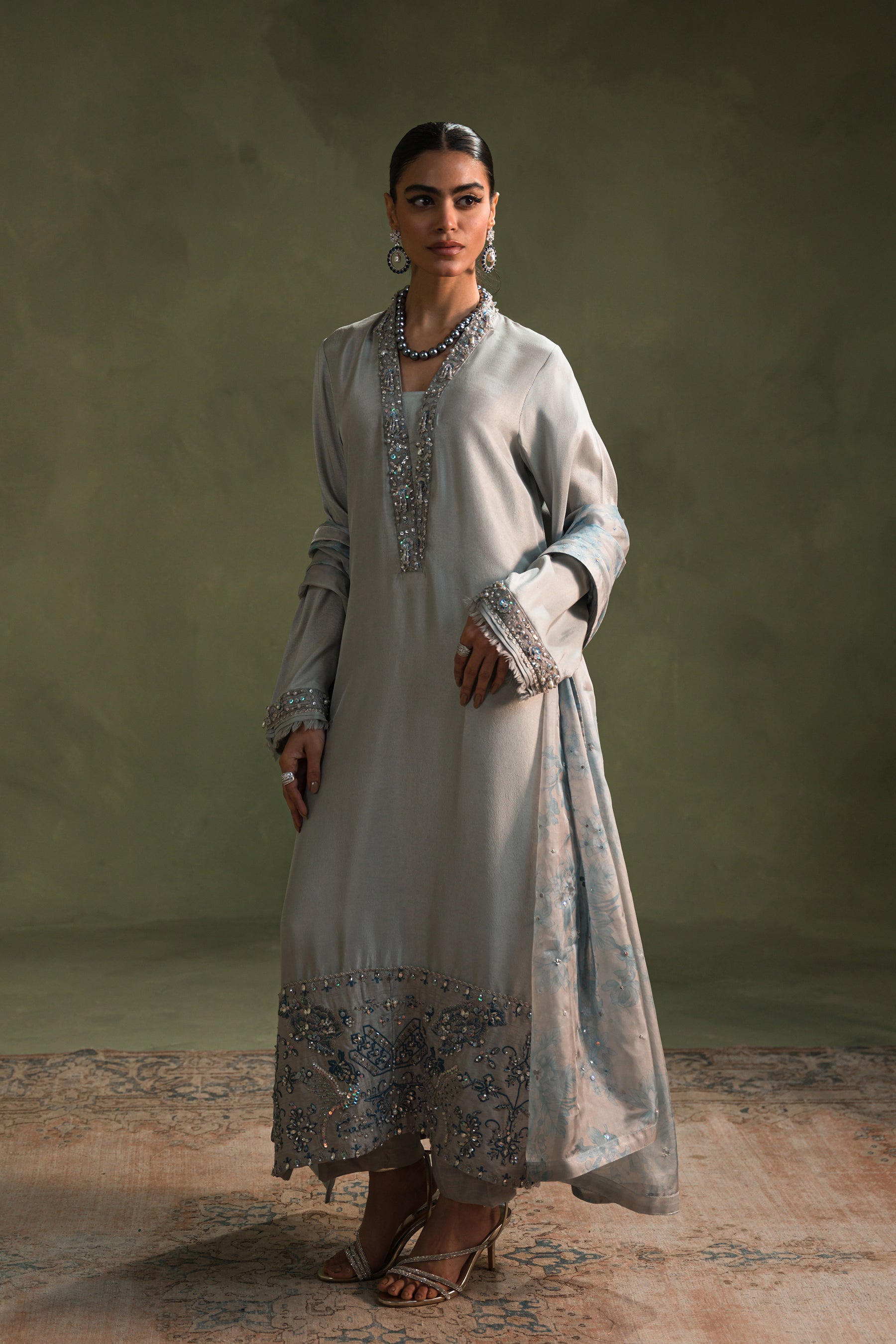 Silver Grey Embellished Blended Raw Silk Salwar Kameez (3-Piece) - Image 2