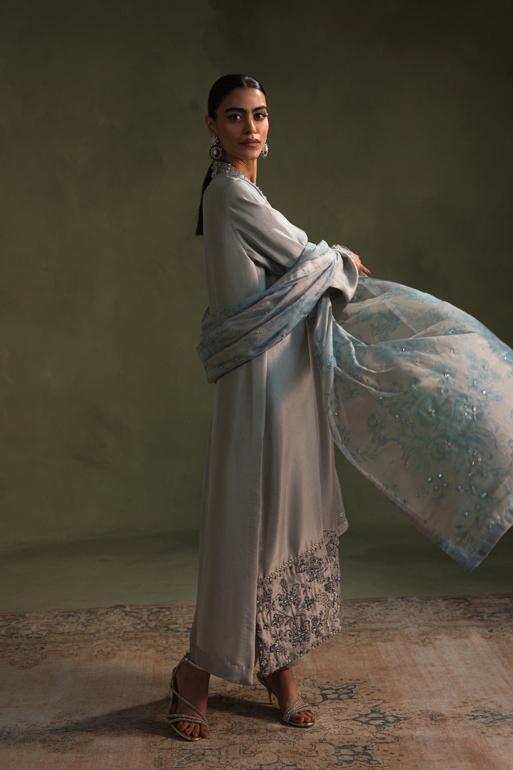 Silver Grey Embellished Blended Raw Silk Salwar Kameez (3-Piece) - Image 3