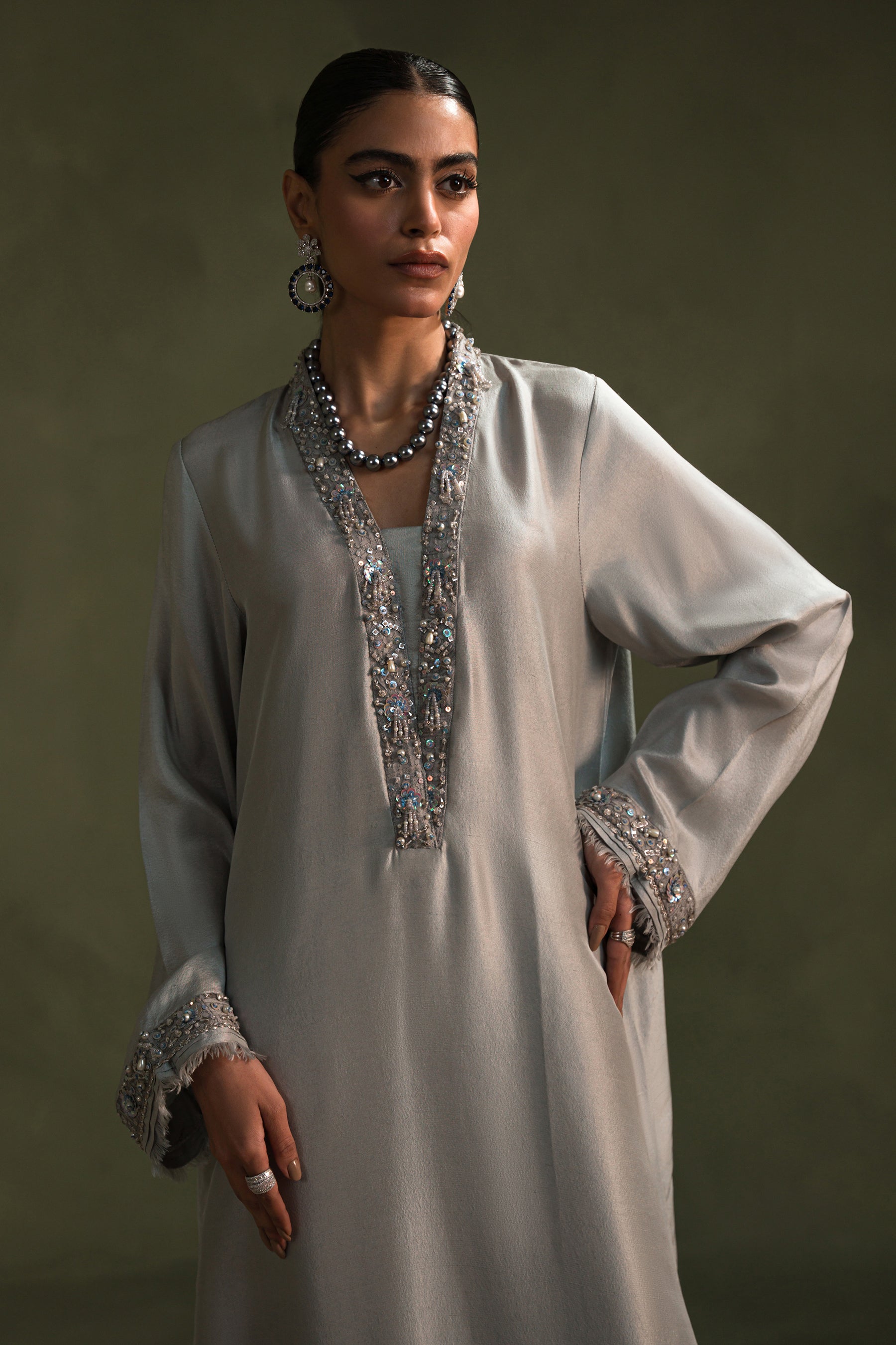Silver Grey Embellished Blended Raw Silk Salwar Kameez (3-Piece) - Image 4
