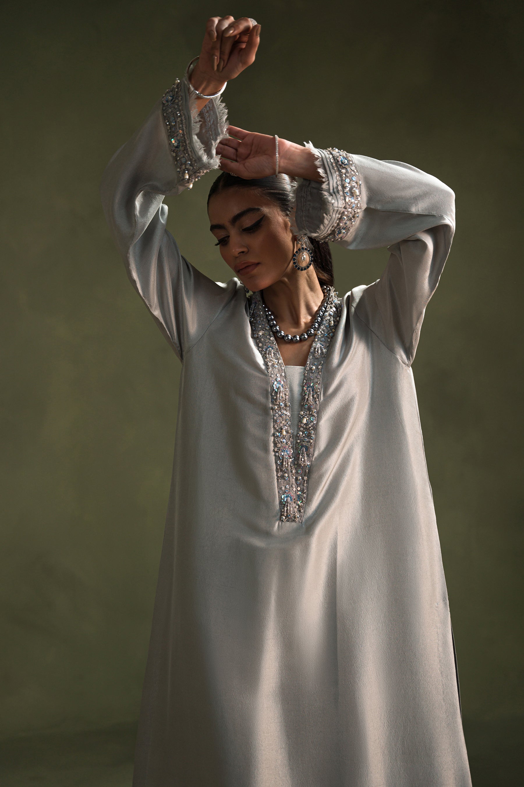 Silver Grey Embellished Blended Raw Silk Salwar Kameez (3-Piece) - Image 5