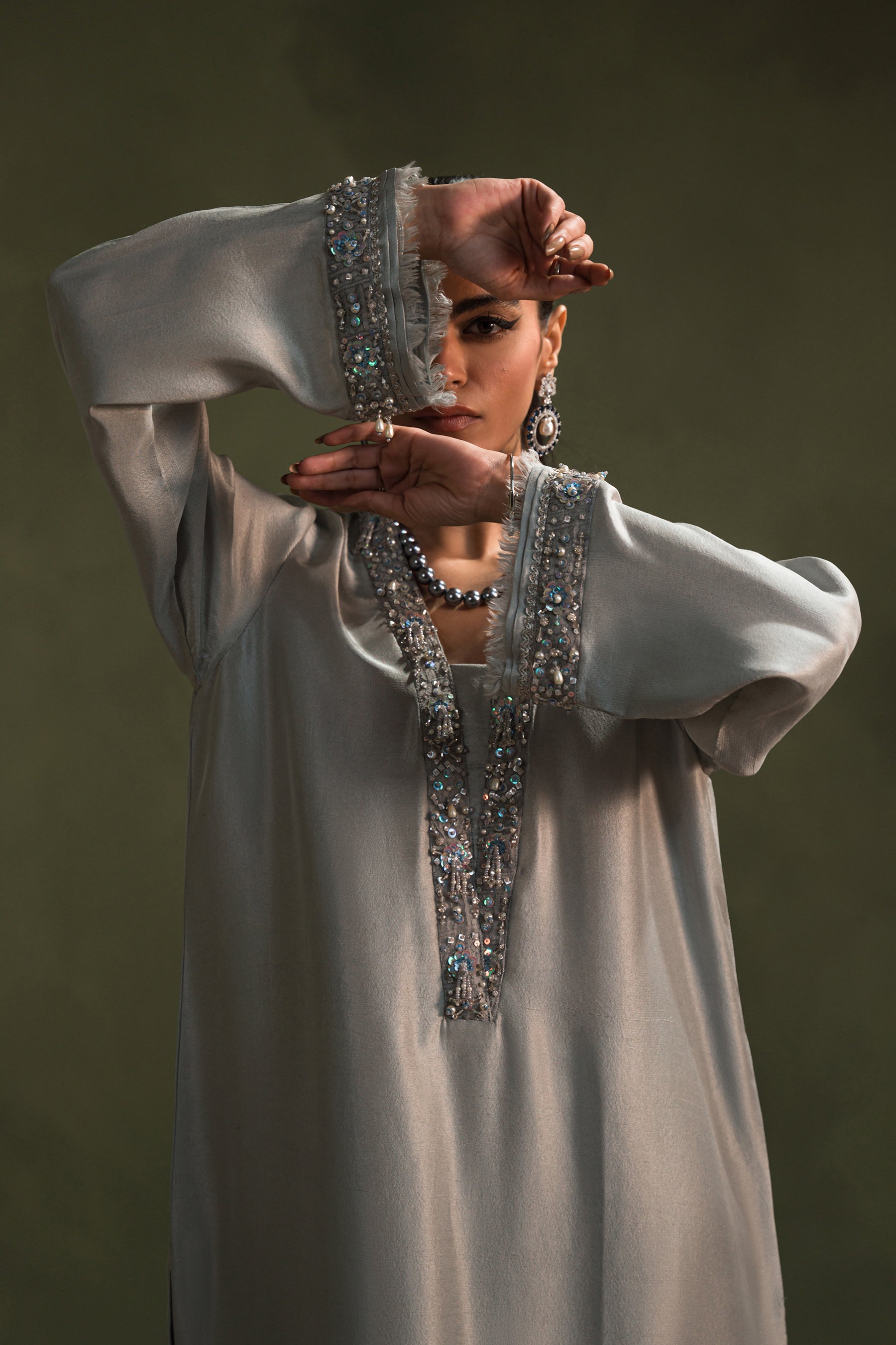 Silver Grey Embellished Blended Raw Silk Salwar Kameez (3-Piece) - Image 6