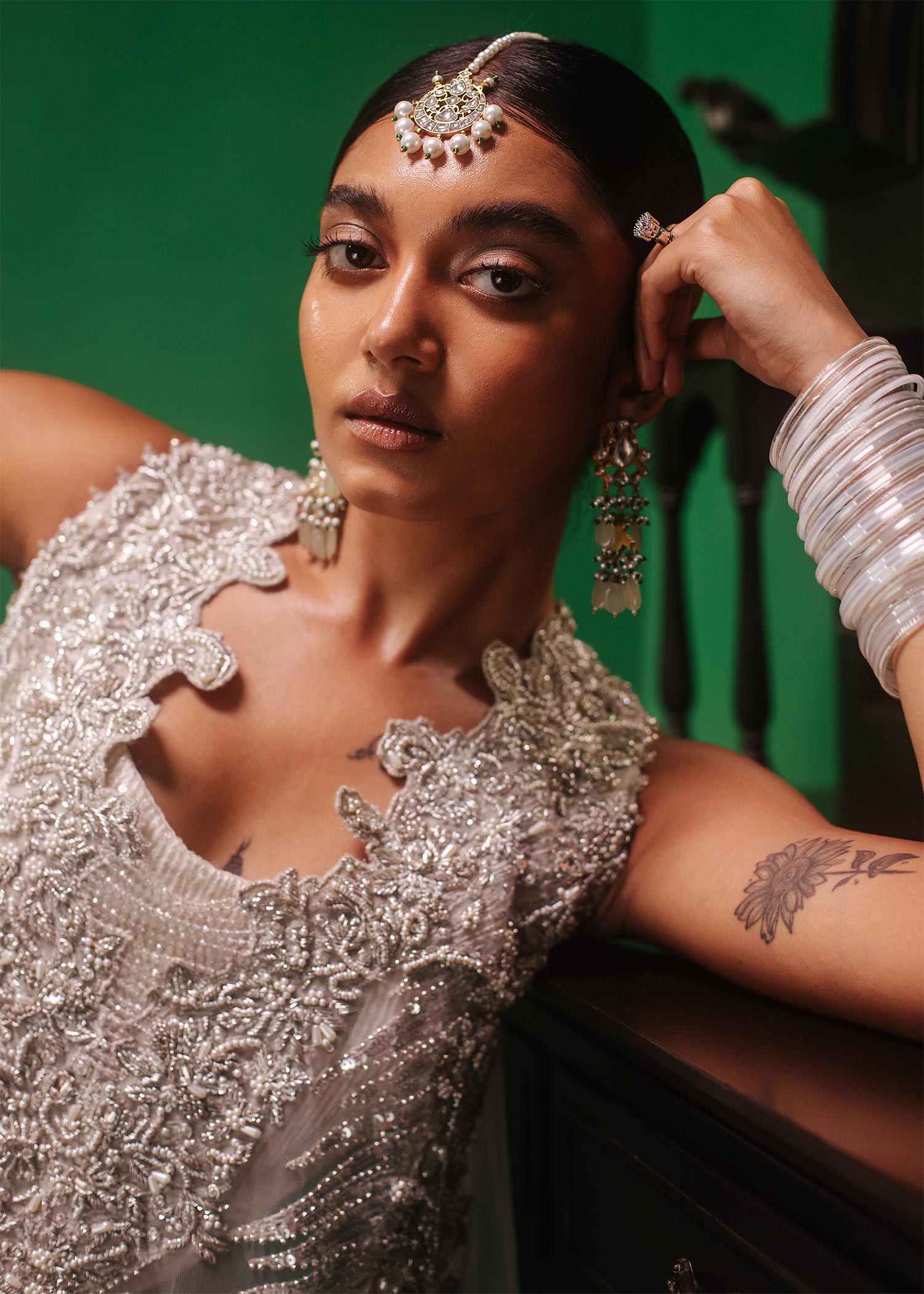 Pakistani Silver Embellished Net High-Low Salwar Kameez (3-Piece) - Image 2