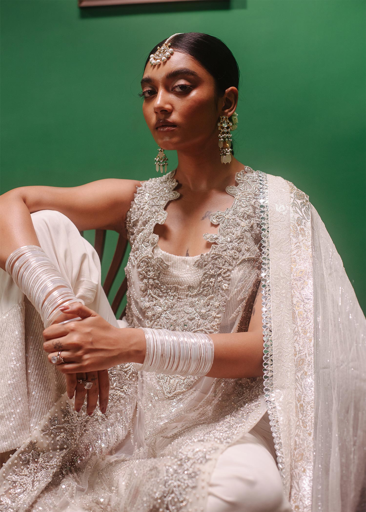 Pakistani Silver Embellished Net High-Low Salwar Kameez (3-Piece) - Image 4