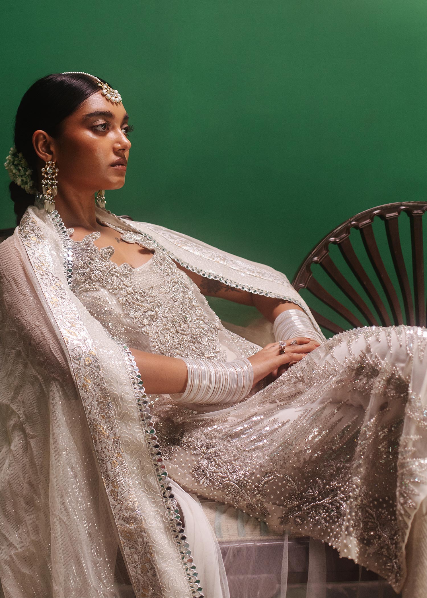 Pakistani Silver Embellished Net High-Low Salwar Kameez (3-Piece) - Image 5