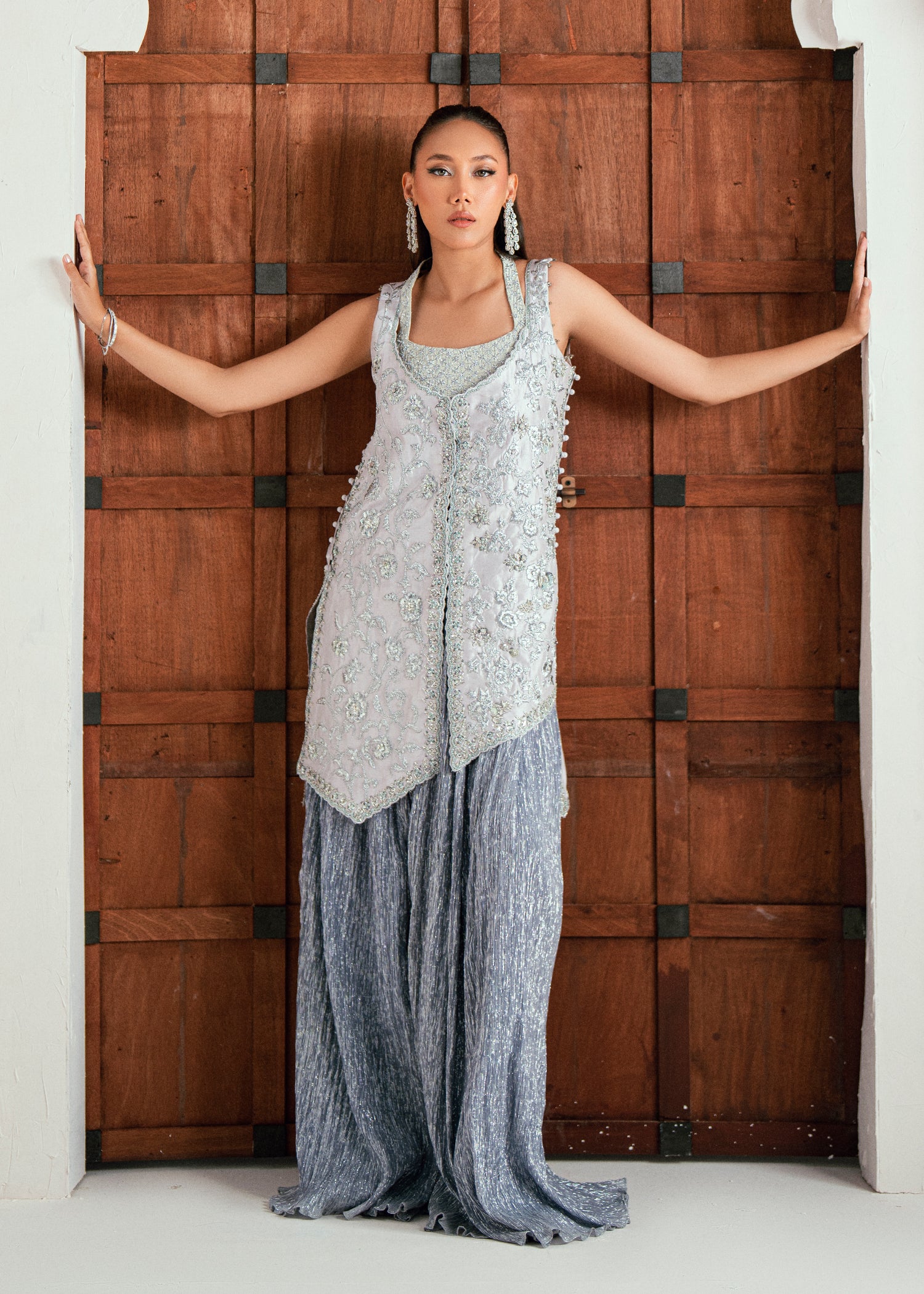 Pakistani Ice Silver Embellished Raw Silk Jacket Set (2-Piece) - Image 1