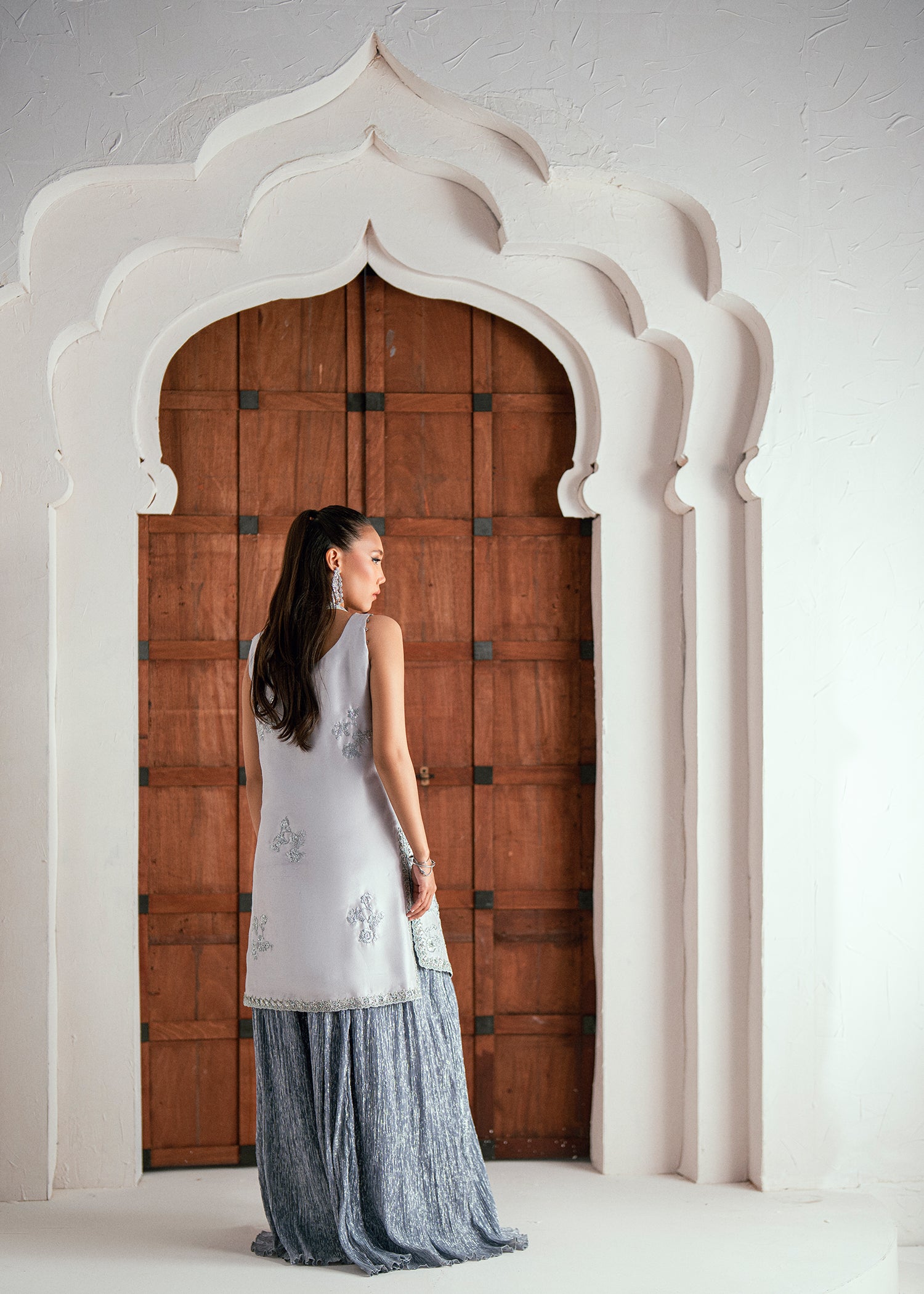 Pakistani Ice Silver Embellished Raw Silk Jacket Set (2-Piece) - Image 10