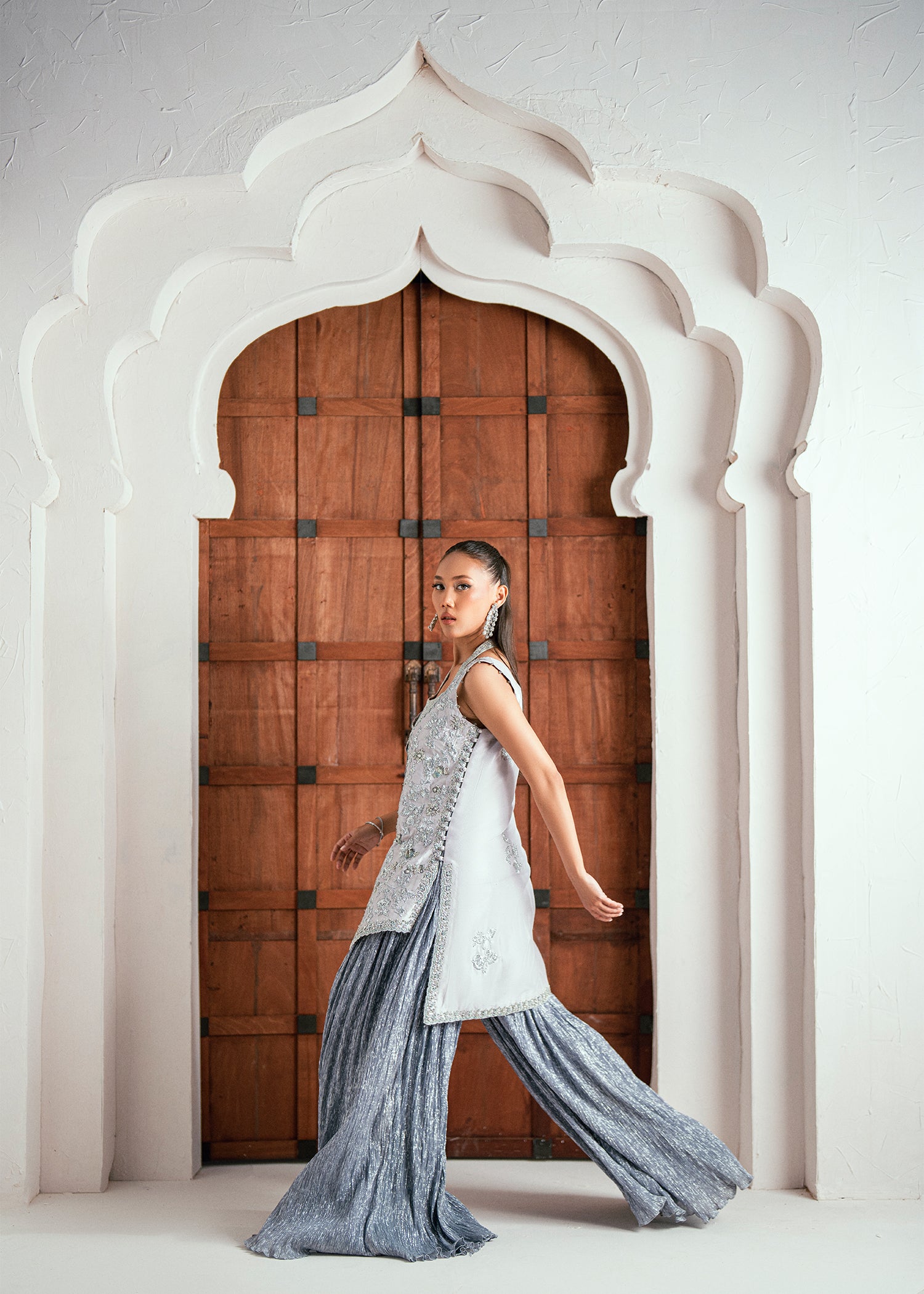 Pakistani Ice Silver Embellished Raw Silk Jacket Set (2-Piece) - Image 11