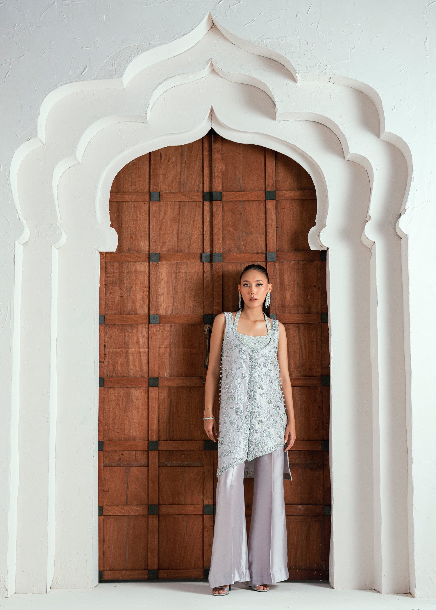 Pakistani Ice Silver Embellished Raw Silk Jacket Set (2-Piece) - Image 13