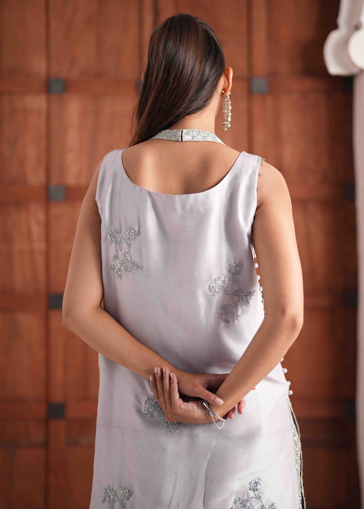 Pakistani Ice Silver Embellished Raw Silk Jacket Set (2-Piece) - Image 2