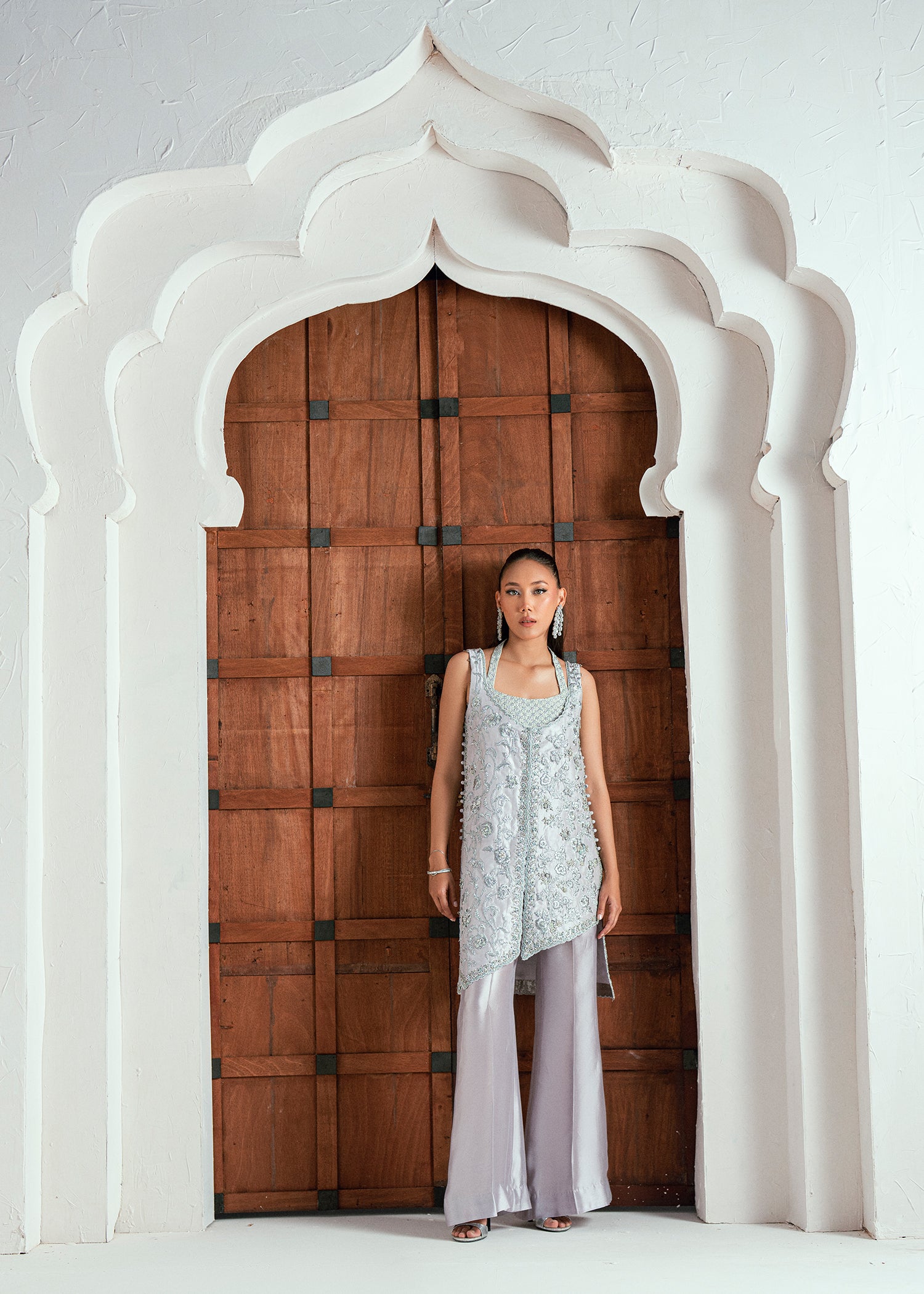 Pakistani Ice Silver Embellished Raw Silk Jacket Set (2-Piece) - Image 4